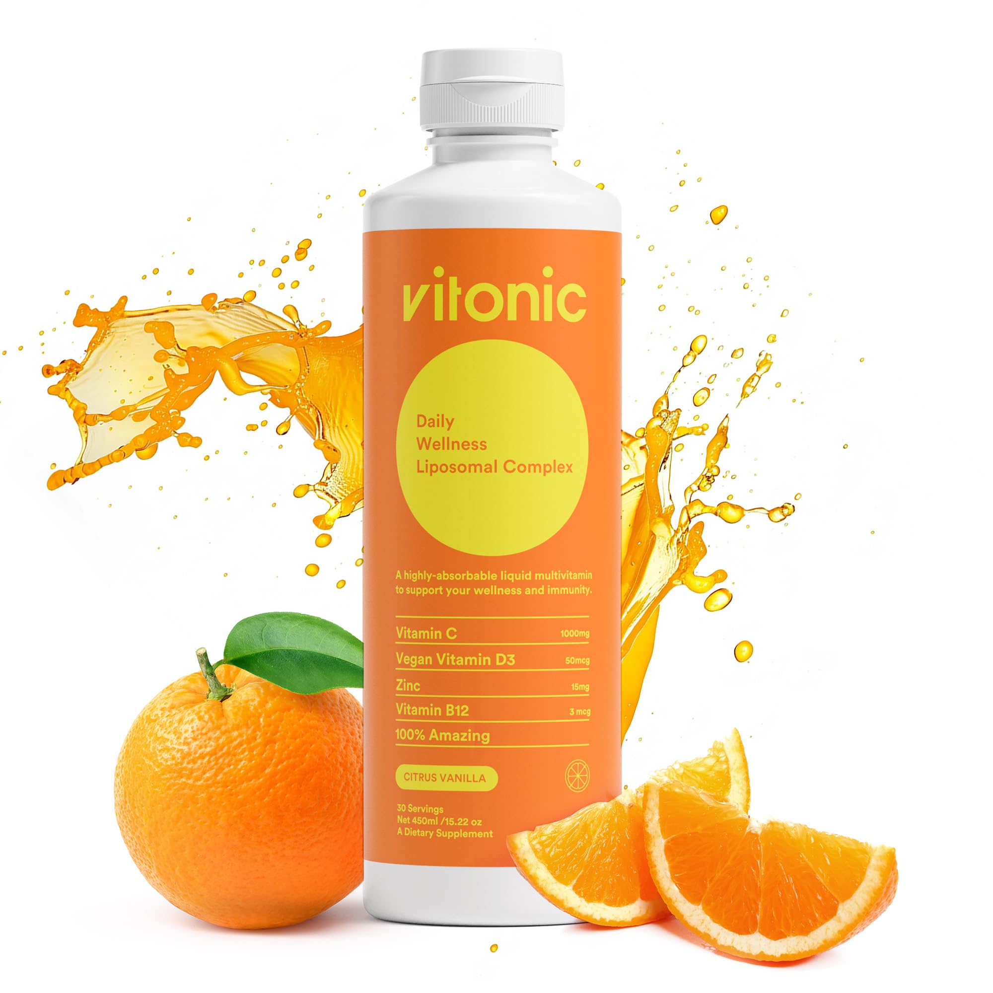 VITONIC Liposomal Liquid Multivitamin – Vitamin C 1000mg, D3, B12 & Zinc Supplements – High Absorption, Daily Immune Support, 30 Servings, Non-GMO (15.22 fl oz)
