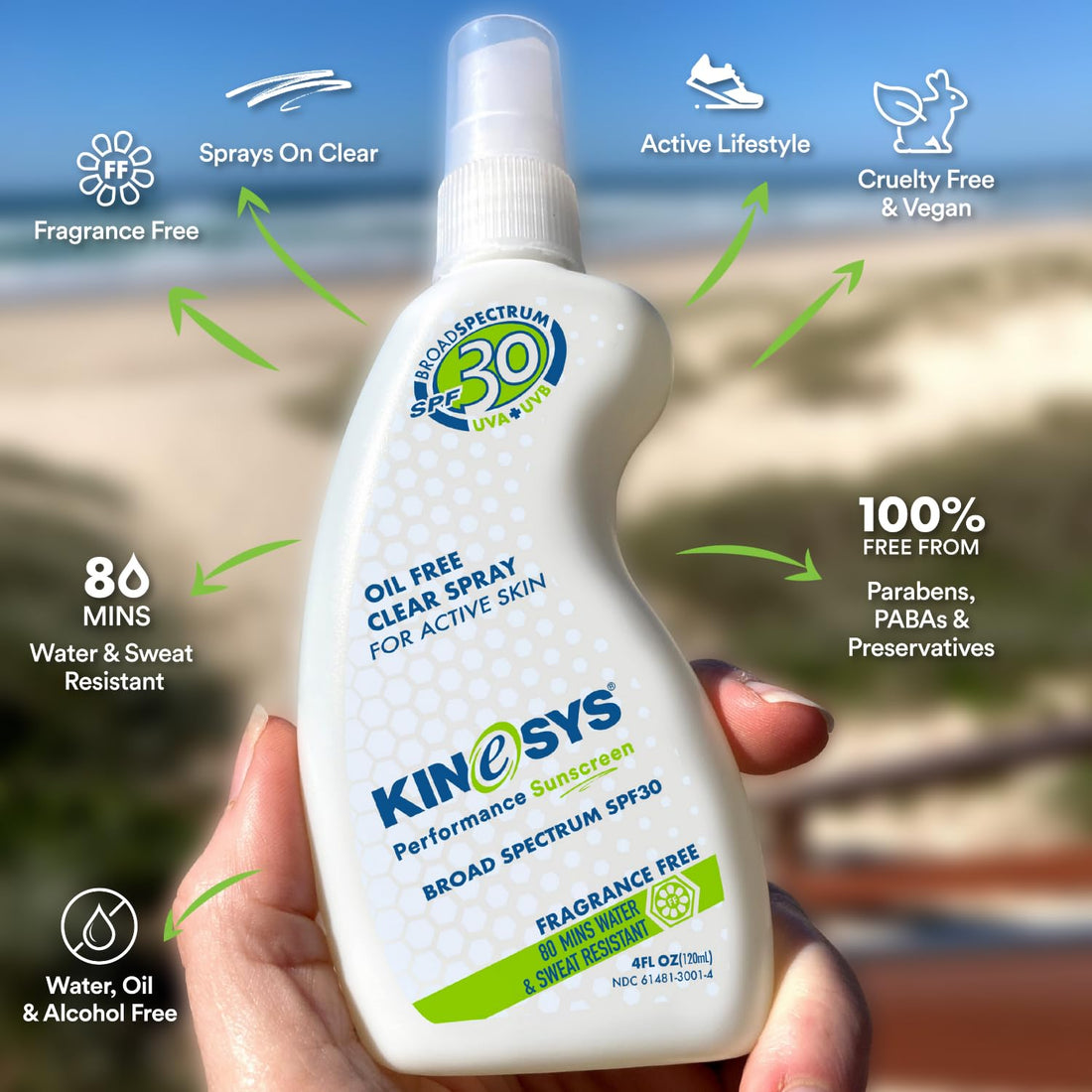KINeSYS SPF30 Performance Sunscreen Spray, Fragrance-Free, 4oz