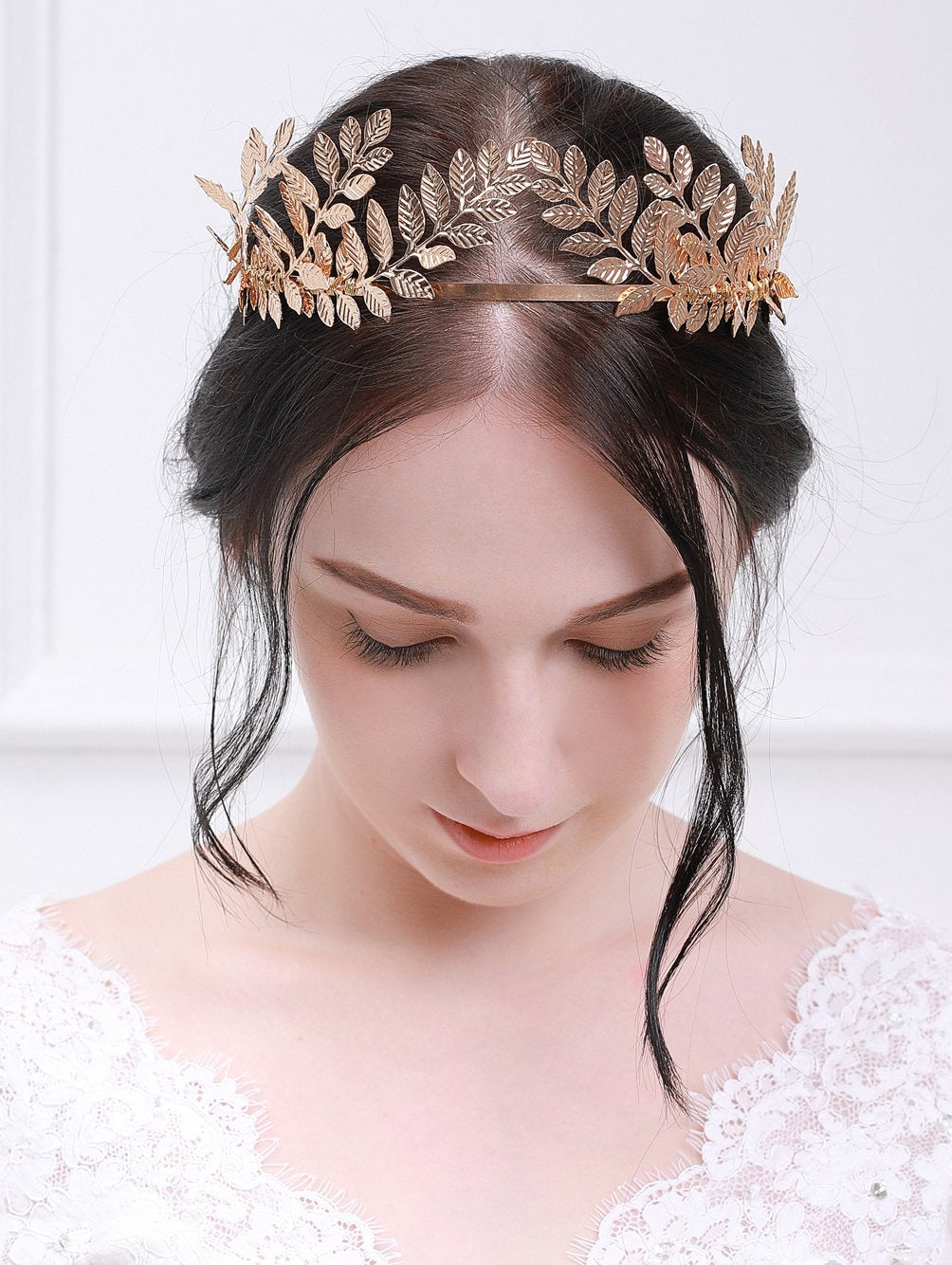 fxmimior Handmade Bridal Wedding Crown Leaf Headband Women Crystal Tiara Headpiece Wedding Hair Accessories for Women (rose gold)