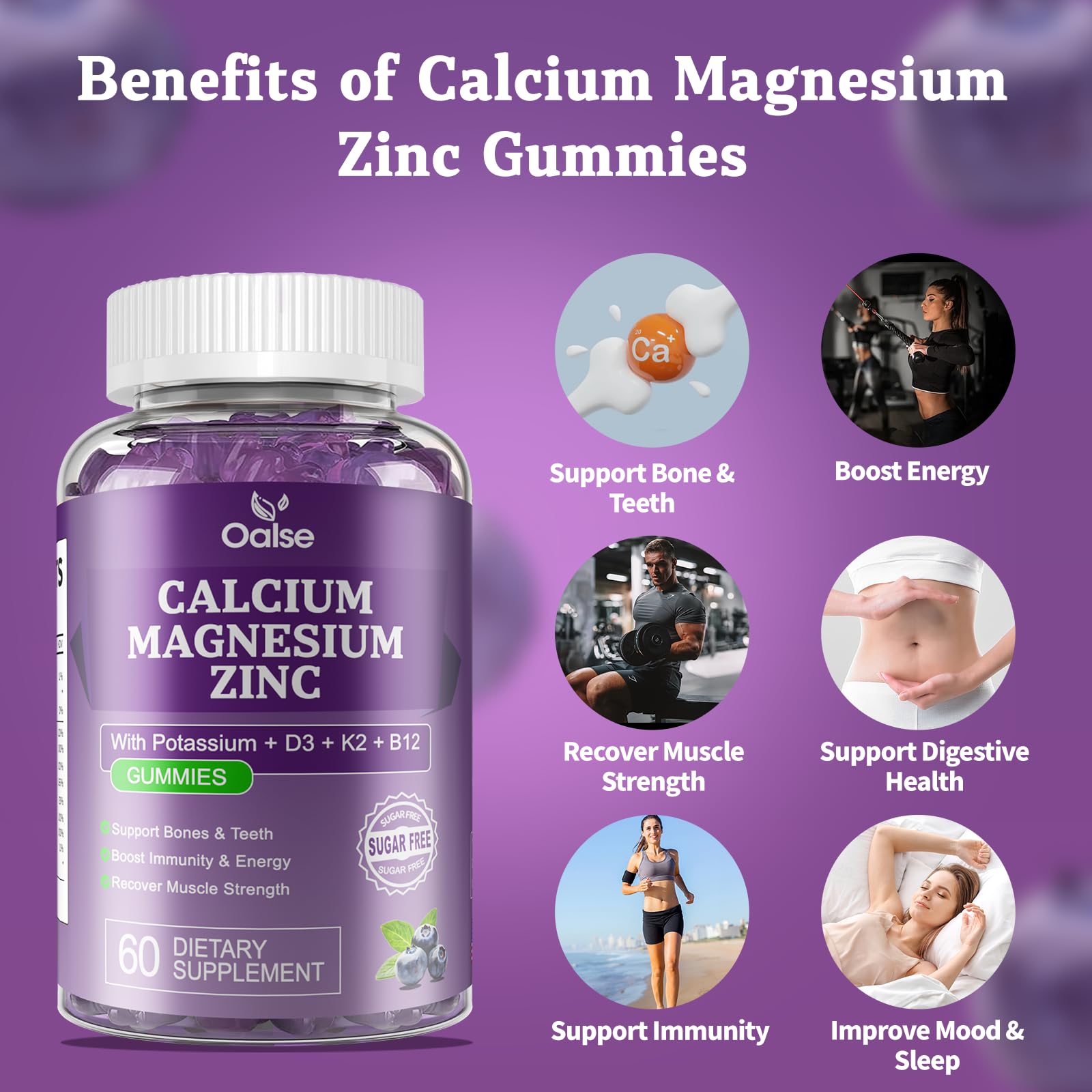 OALSE Calcium Magnesium Zinc Gummies with Vitamin D3 & K2-High Absorption Magnesium Glycinate-Muscles, Immune & Sleep Support-Sugar Free- Blueberry Flavored (1 Pack)