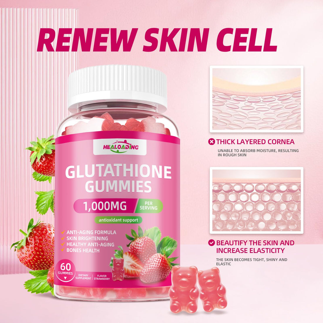 HEALOADING Glutathione Supplement Collagen Gummies: L-Glutamine Contains Marine Collagen Vitamins C, E, D&B12 Glutathione Gummies 1000mg for Anti-Aging Formula and Strengthen Bones