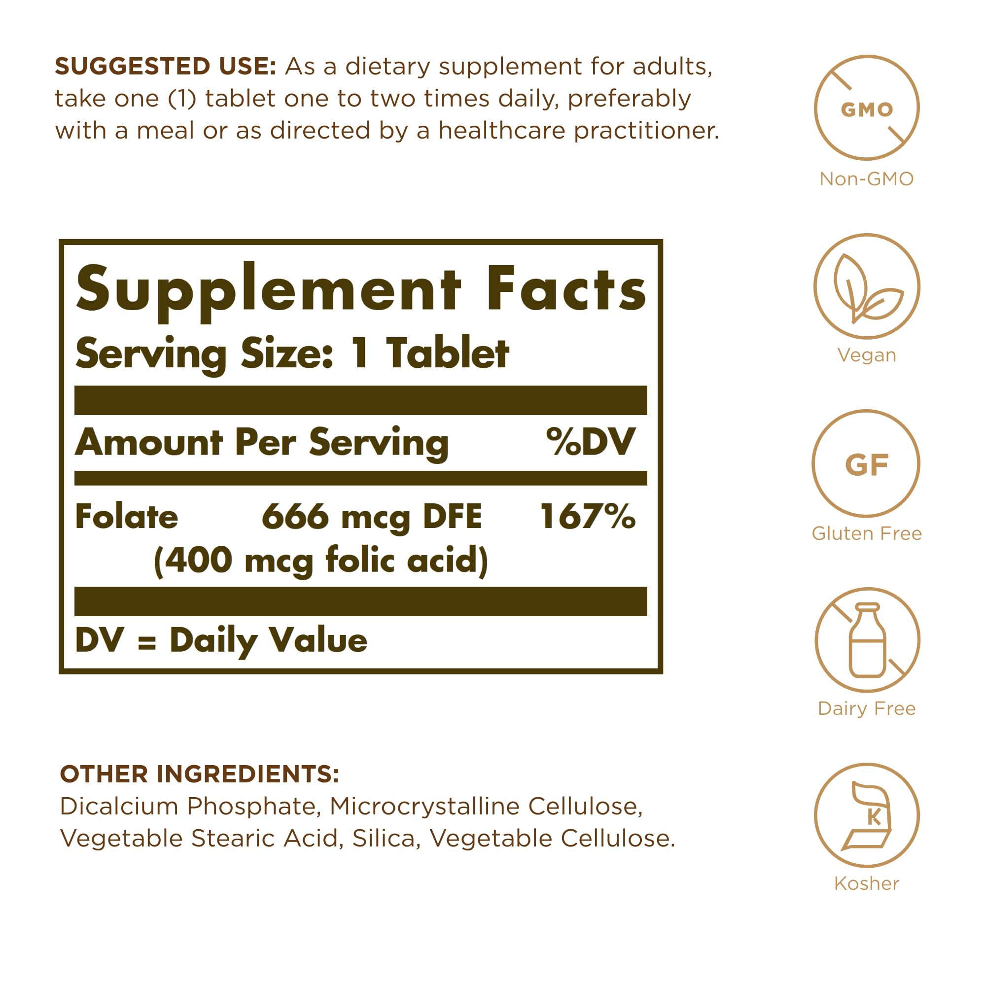 Solgar Folate 666 mcg DFE (Folic Acid 400 mcg) - 250 Tablets - Prenatal Support - Non-GMO, Vegan, Gluten Free, Dairy Free, Kosher - 250 Servings