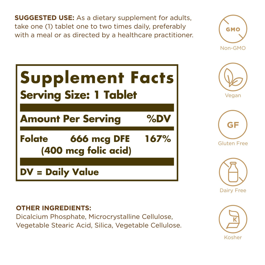 Solgar Folate 666 mcg DFE (Folic Acid 400 mcg) - 250 Tablets - Prenatal Support - Non-GMO, Vegan, Gluten Free, Dairy Free, Kosher - 250 Servings