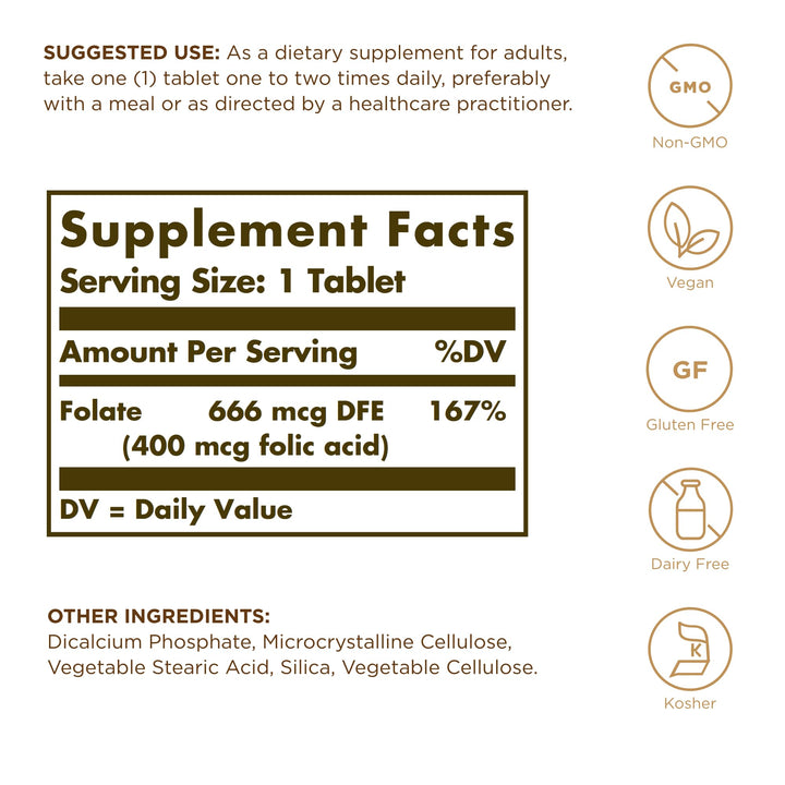 Solgar Folate 666 mcg DFE (Folic Acid 400 mcg) - 250 Tablets - Prenatal Support - Non-GMO, Vegan, Gluten Free, Dairy Free, Kosher - 250 Servings