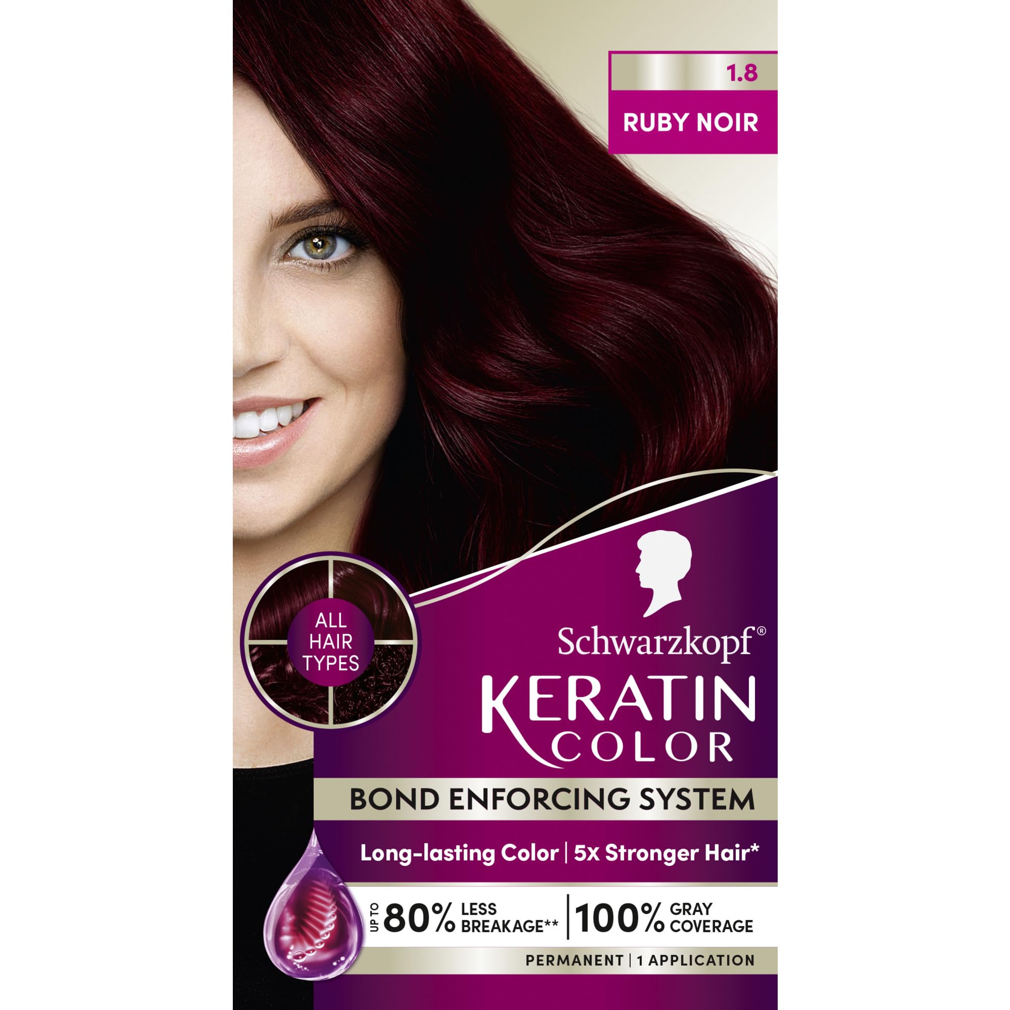 Schwarzkopf Keratin Color Permanent Hair Color, 1.8 Ruby Noir, 1 Application - Professionally Inspired Permanent Hair Dye, for up to 80% Less Breakage vs Untreated Hair and up to 100% Gray Coverage