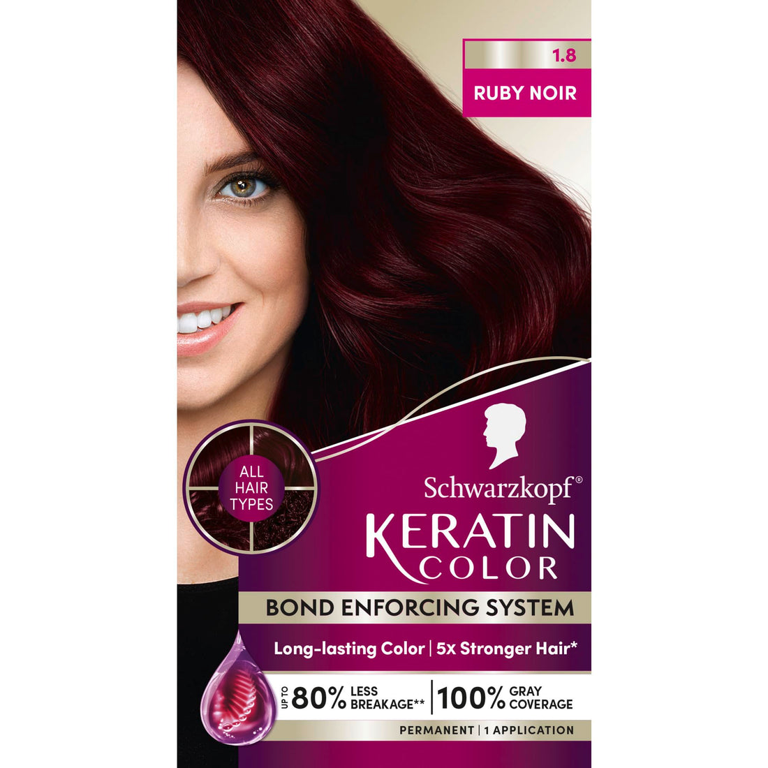 Schwarzkopf Keratin Color Permanent Hair Color, 1.8 Ruby Noir, 1 Application - Professionally Inspired Permanent Hair Dye, for up to 80% Less Breakage vs Untreated Hair and up to 100% Gray Coverage