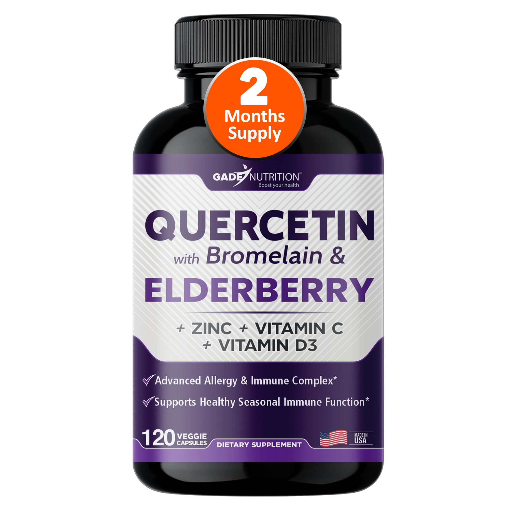 Gade Nutrition Quercetin with Bromelain & Elderberry | Quercetin with Vitamin C and Zinc | Zinc Quercetin 500mg with Vitamin D3 | Daily Immune Support Supplement - 2 Months Supply