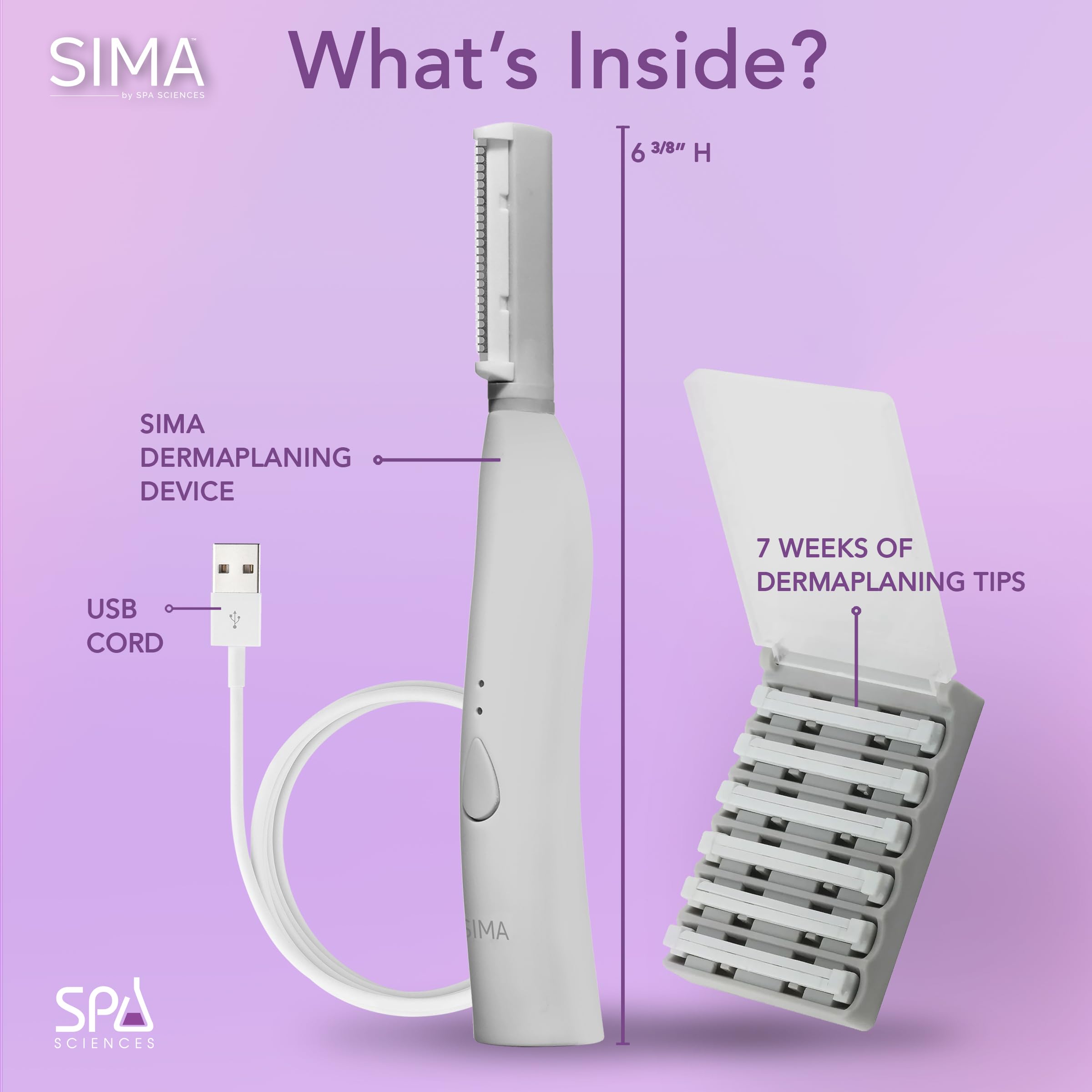 Spa Sciences SIMA Sonic Dermaplaning Tool-Professional & Painless 2 in 1 Facial Exfoliation & Peach Fuzz-Hair Removal System w/ 7 Weeks Treatment Included|Anti-Aging|3 Speeds|Rechargeable