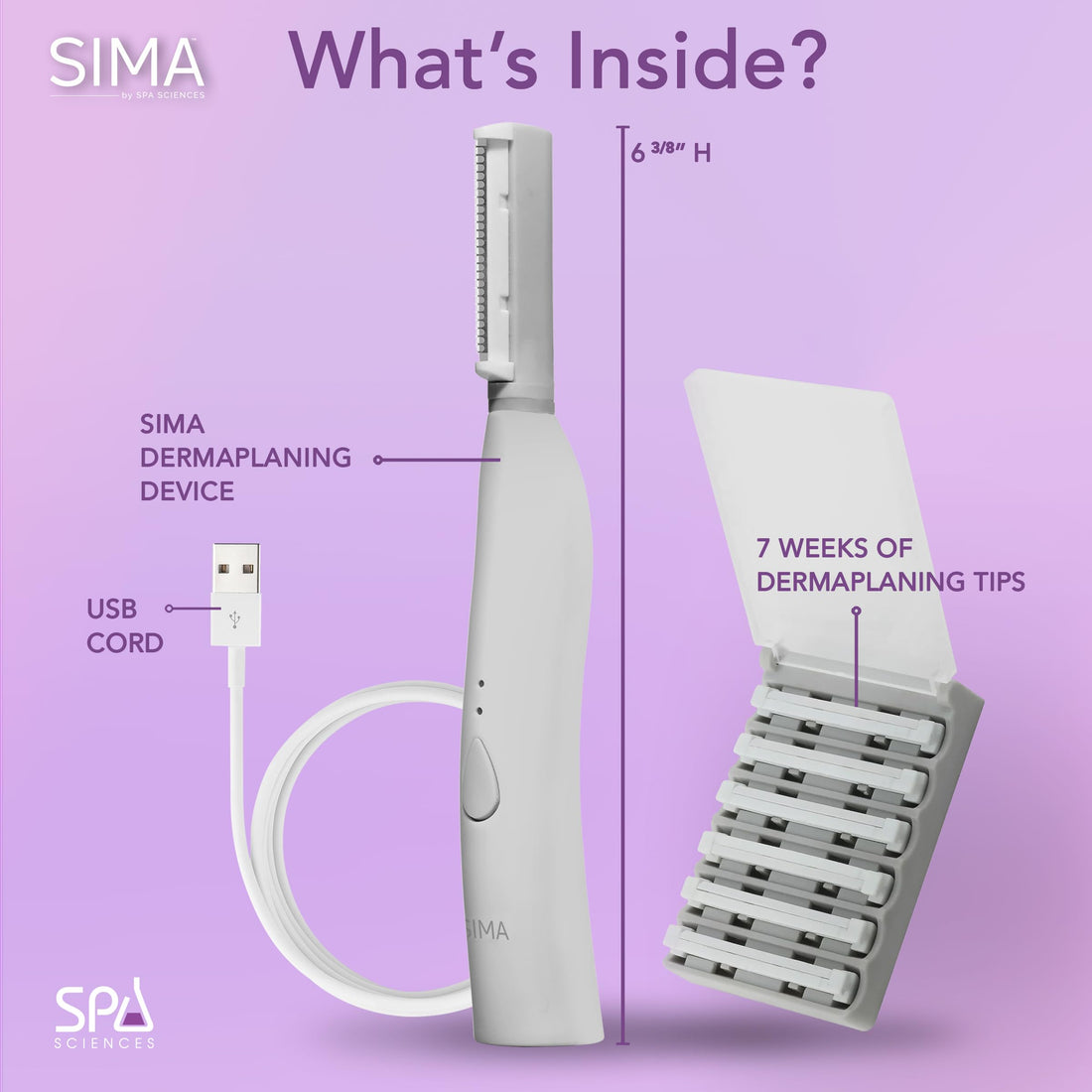 Spa Sciences SIMA Sonic Dermaplaning Tool-Professional & Painless 2 in 1 Facial Exfoliation & Peach Fuzz-Hair Removal System w/ 7 Weeks Treatment Included|Anti-Aging|3 Speeds|Rechargeable