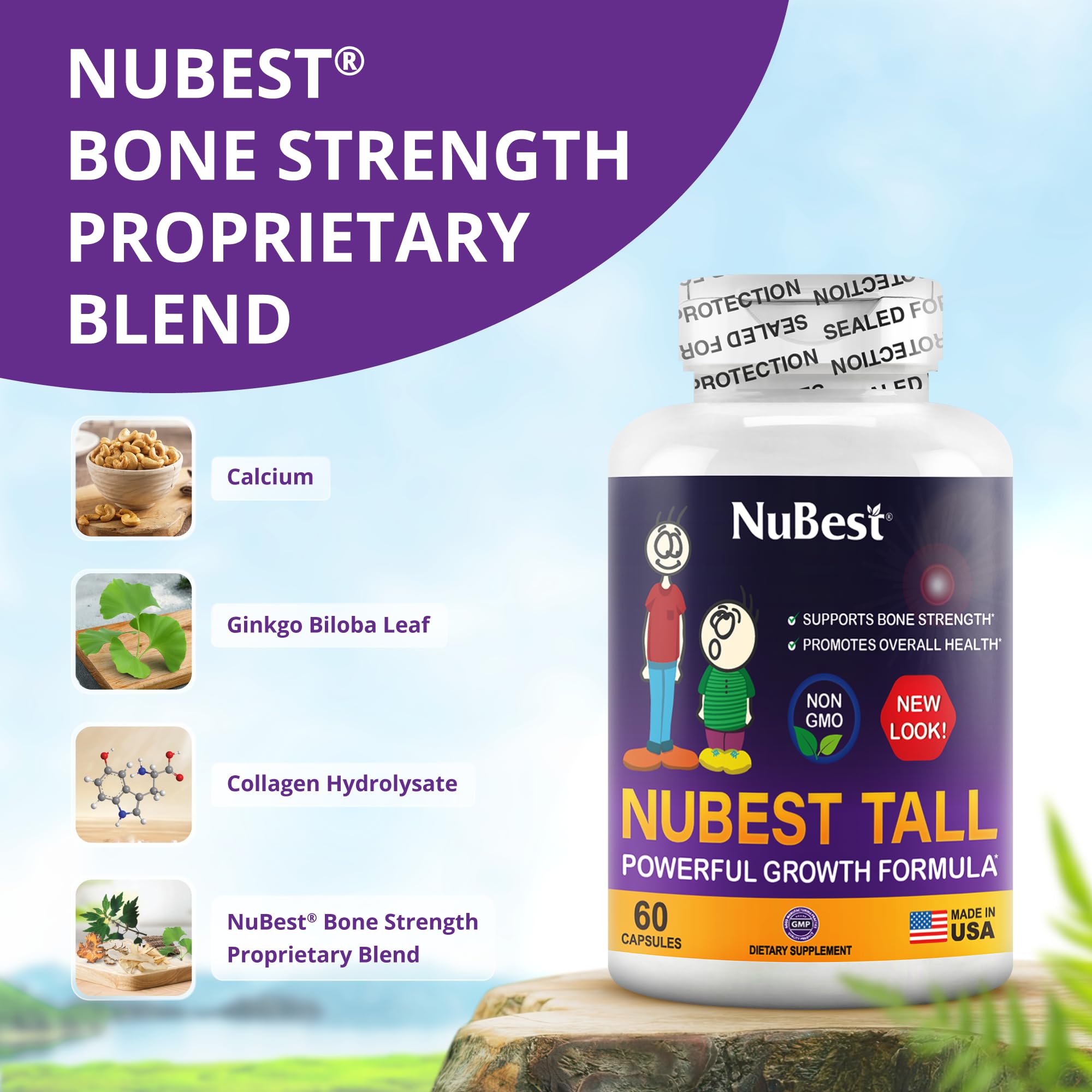 NuBest Tall - Support Bone Strength, Immunity and Stronger Bone with Calcium, Collagen and Herbs for Ages 5+ and Teens Who Don’t Drink Milk Daily - 60 Capsules | 1 Month Supply