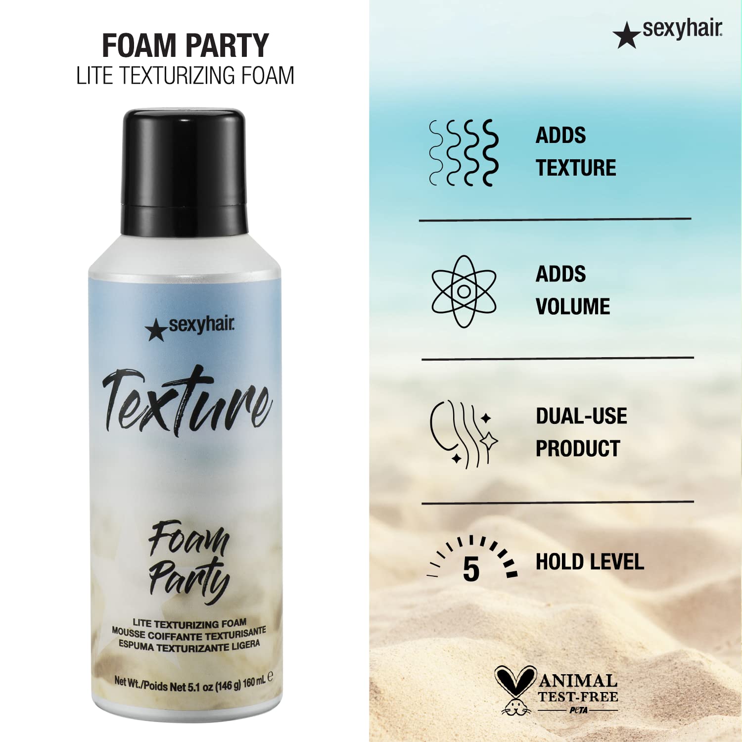 SEXYHAIR Texture Foam Party Lite Texturizing Foam, Coconut, 5.1 fl oz