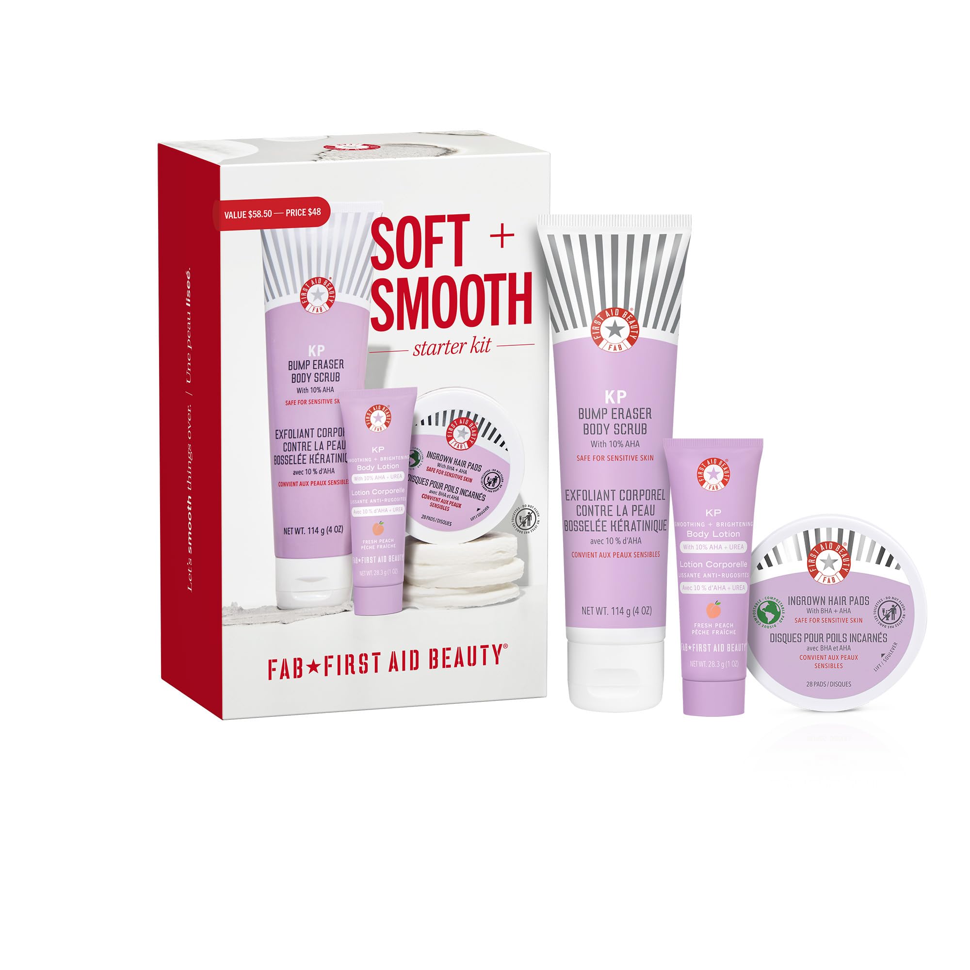 First Aid Beauty Soft + Smooth Starter Body Kit: KP Bump Eraser Body Scrub, 4 oz, Smoothing + Brightening Lotion (Peach), 1oz, & Ingrown Hair Pads, 28 Pads, Exfoliation & Hydrating Skin Care Set, 3ct