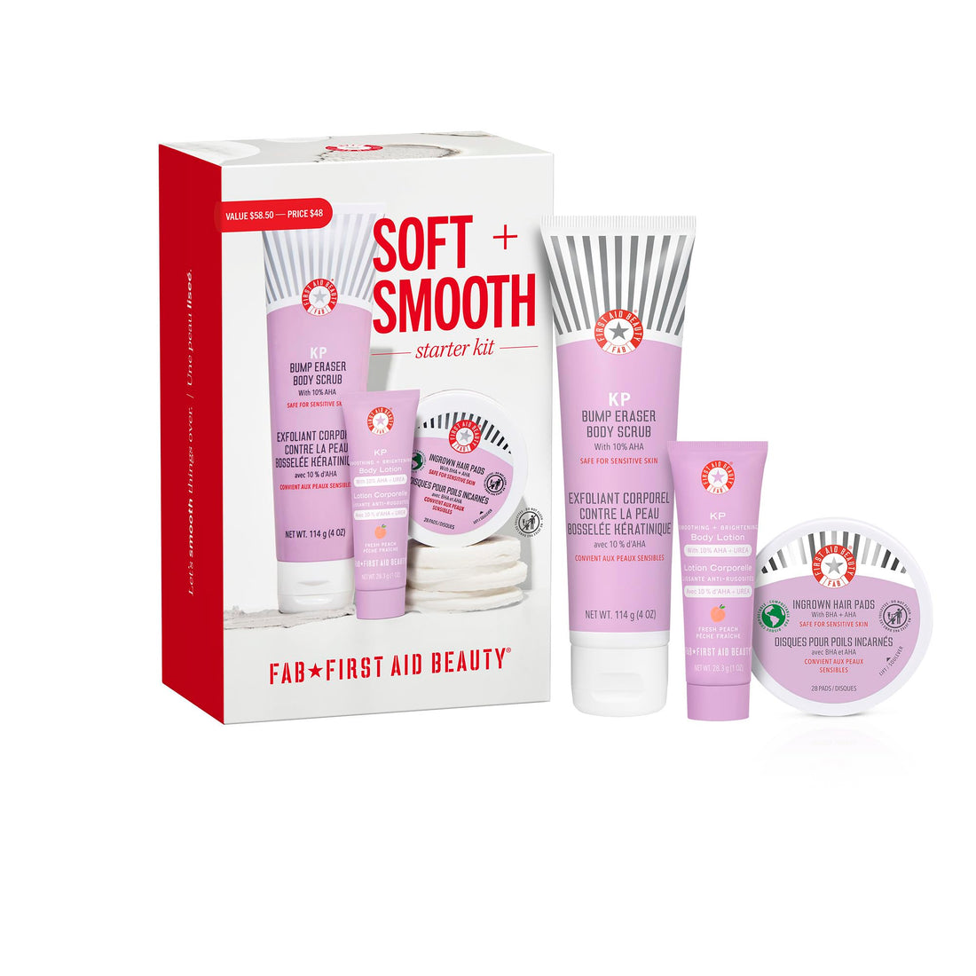 First Aid Beauty Soft + Smooth Starter Body Kit: KP Bump Eraser Body Scrub, 4 oz, Smoothing + Brightening Lotion (Peach), 1oz, & Ingrown Hair Pads, 28 Pads, Exfoliation & Hydrating Skin Care Set, 3ct