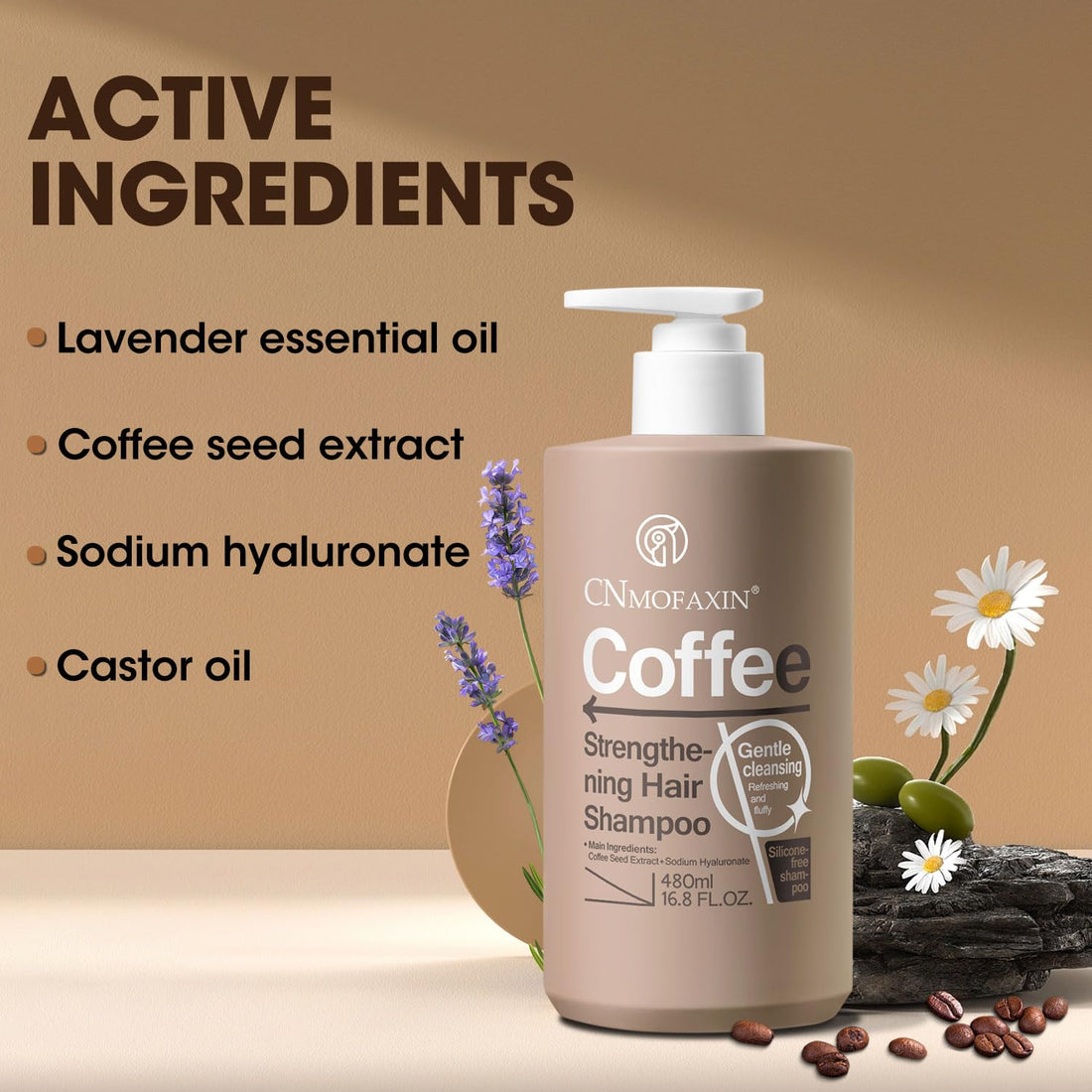 Strengthening Hair Shampoo for Men and Women - Silicone-Free, Coffee Extract, Castor Oil - Gentle Cleansing, Provitamin B5, Caffeine Infused Volumizing Formula,Hair Thickening Products - 16.8 fl. oz