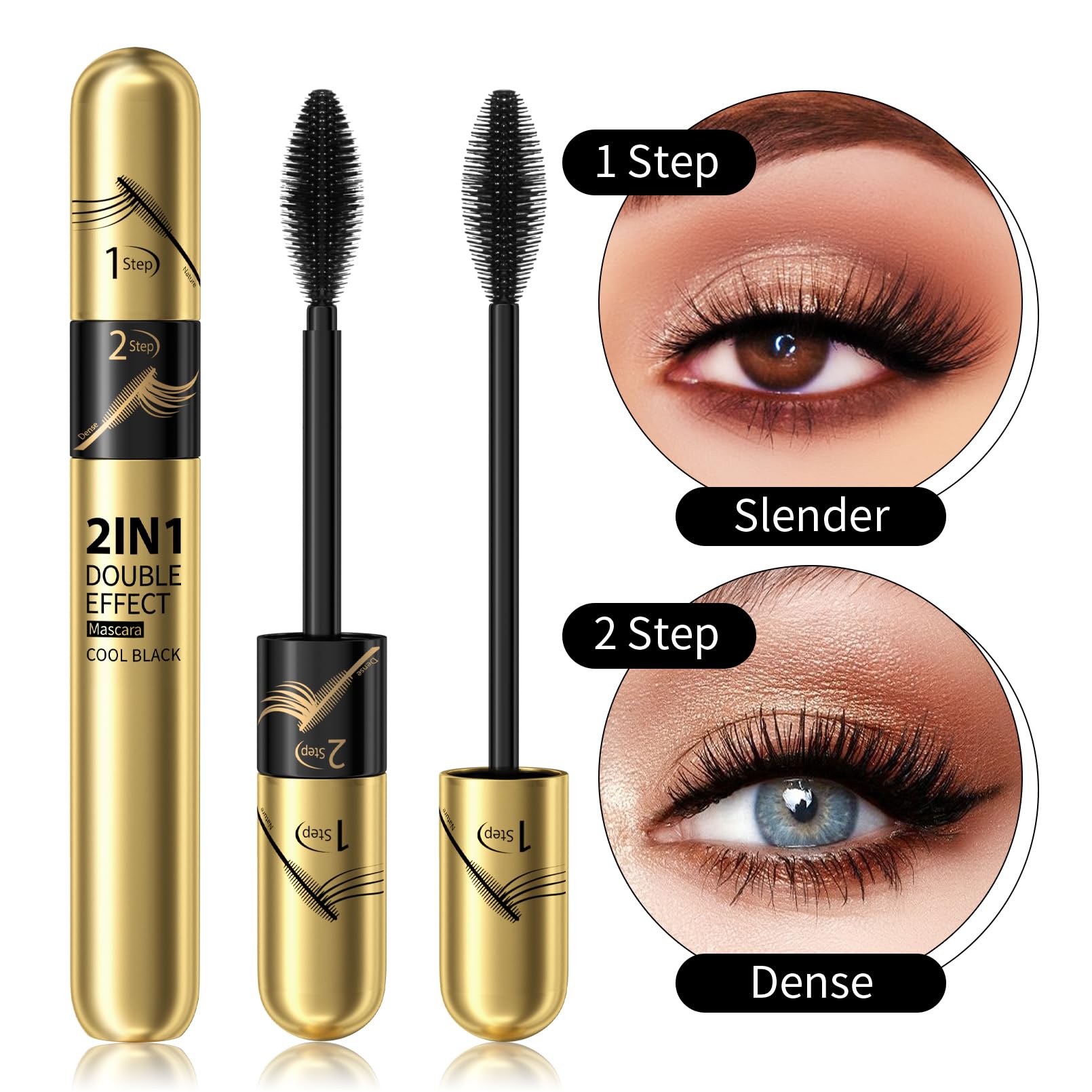 2pcs 2 in 1 Double Black 4D tubing Mascara Volume and Length, Silk Fiber Lash Liquid Extension 5X Longer, Smudge Proof Waterproof and Sweat Resistant Fuller Mascara (2pcs)