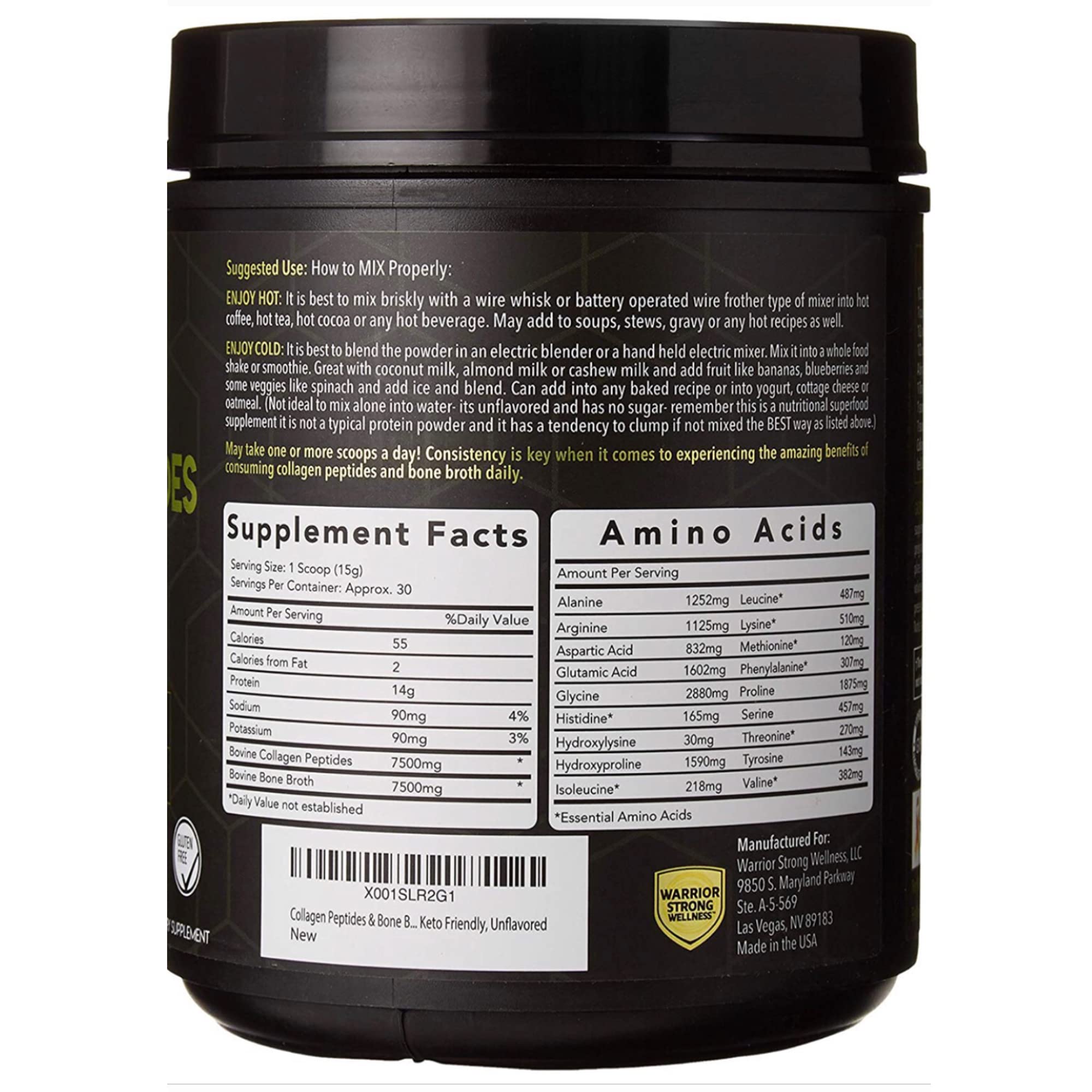 Warrior Strong Wellness Premium Collagen Peptides Bone Broth Powder: Grass Fed Hydrolyzed Collagen Boost for Healthy Skin, Nails, Hair, Joints, Muscles, Bones, Digestion, Keto Friendly, Unflavored