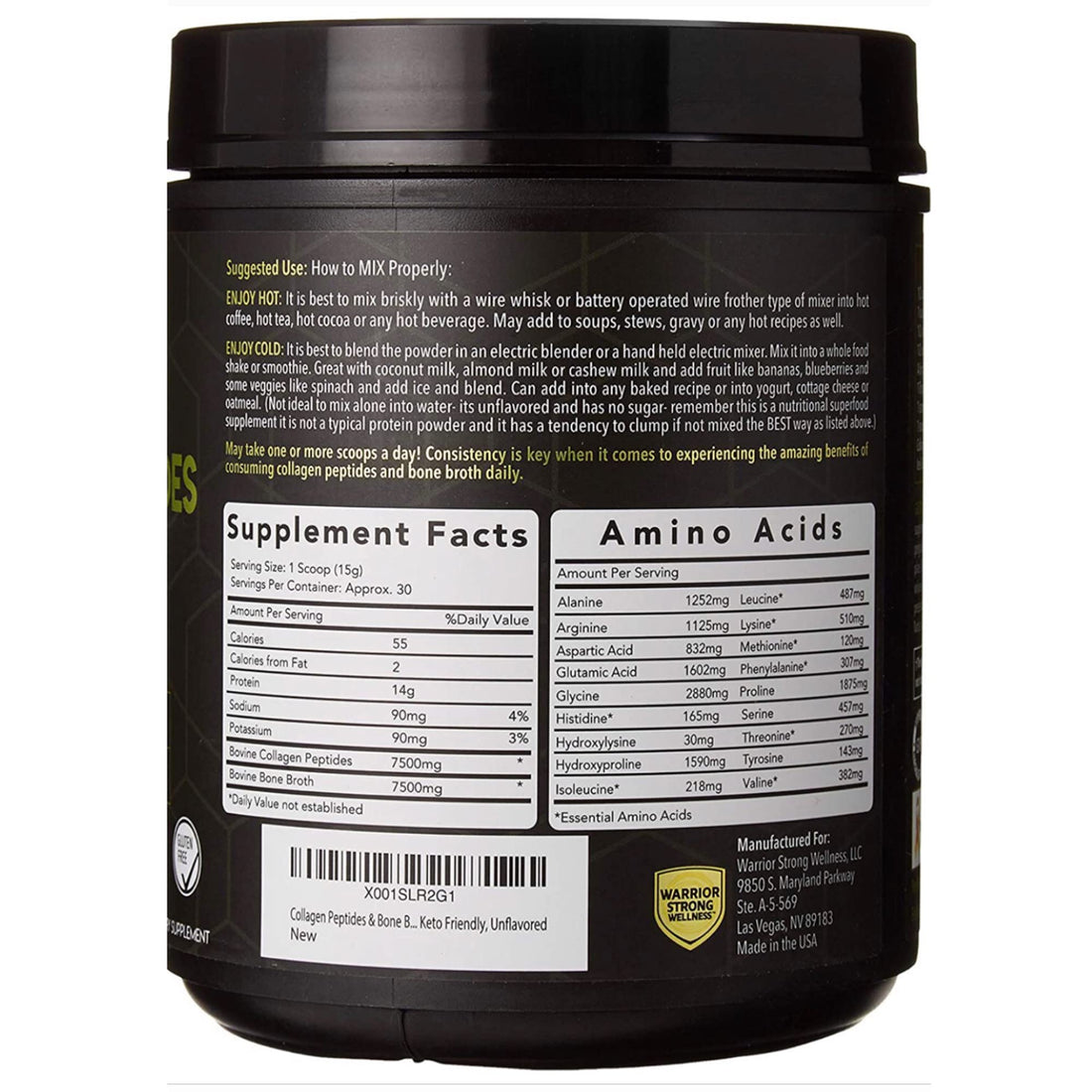 Warrior Strong Wellness Premium Collagen Peptides Bone Broth Powder: Grass Fed Hydrolyzed Collagen Boost for Healthy Skin, Nails, Hair, Joints, Muscles, Bones, Digestion, Keto Friendly, Unflavored