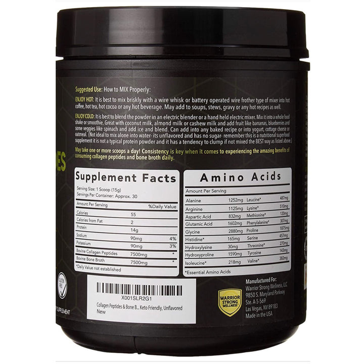 Warrior Strong Wellness Premium Collagen Peptides Bone Broth Powder: Grass Fed Hydrolyzed Collagen Boost for Healthy Skin, Nails, Hair, Joints, Muscles, Bones, Digestion, Keto Friendly, Unflavored