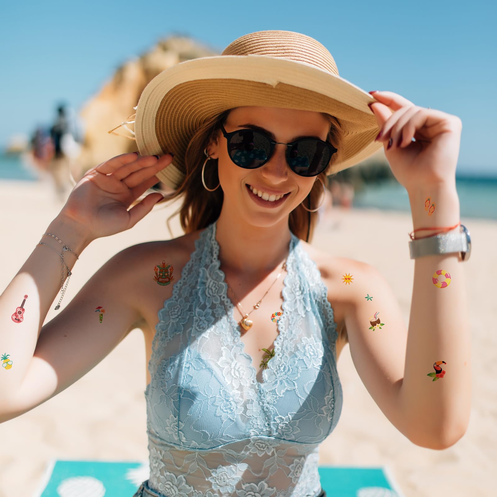 LANGFON 10 Sheet Summer Hawaii Temporary Tattoos Aloha Tropical Temporary Tattoo Sticker Waterproof Beach Hula Palm Tree Flamingo Fake Tattoo for Women Girl Birthday Summer Hawaii Party Favor Supplies