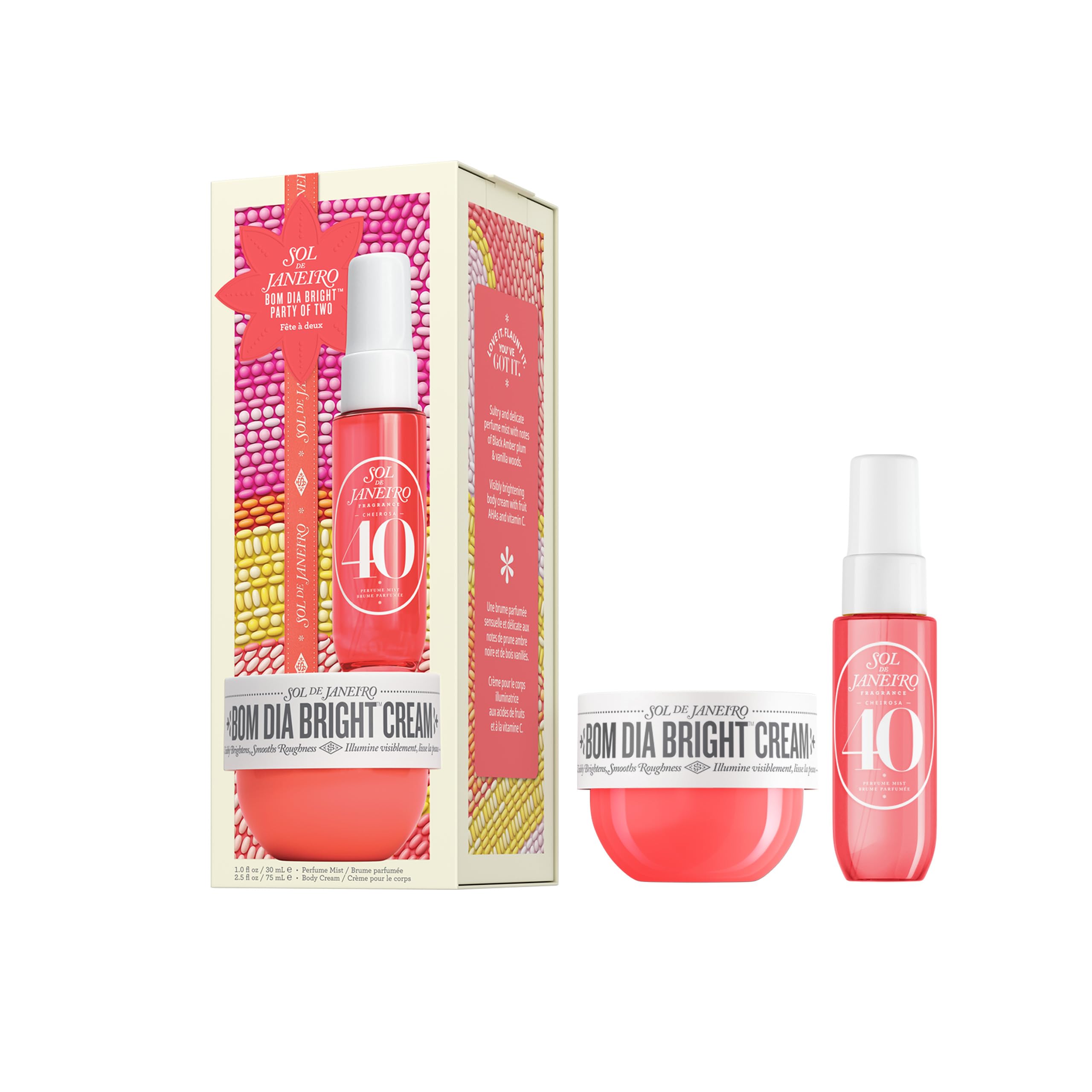 Sol de Janeiro Bom Dia Party of Two Beauty Gift Set | Bom Dia Bright AHA Cream 2.5 fl oz & Cheirosa 40 Perfume Mist 1 fl oz | Beauty Minis | Limited Edition | Travel Size Trial Set