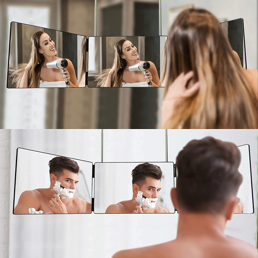 HIEEY 3 Way Mirror for Hair Cutting,360 Trifold Mirror with Height Adjustable Telescoping Hooks,and 5X Magnification Mirror,for Makeup, Hair Styling