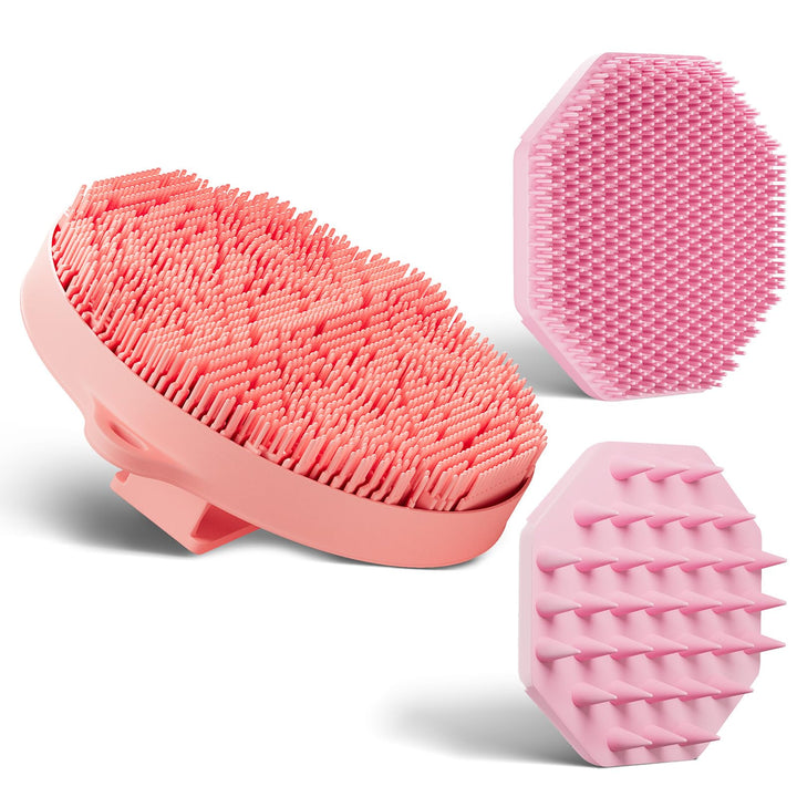 3 Soft Silicone Skin Scrubbers - Body Scrubber Exfoliating Brush Bath Shower Tool, with Gentle Manual Face Cleansing Wash Scrubber, with Hair Scalp Massager Shampoo Brush (Pink)