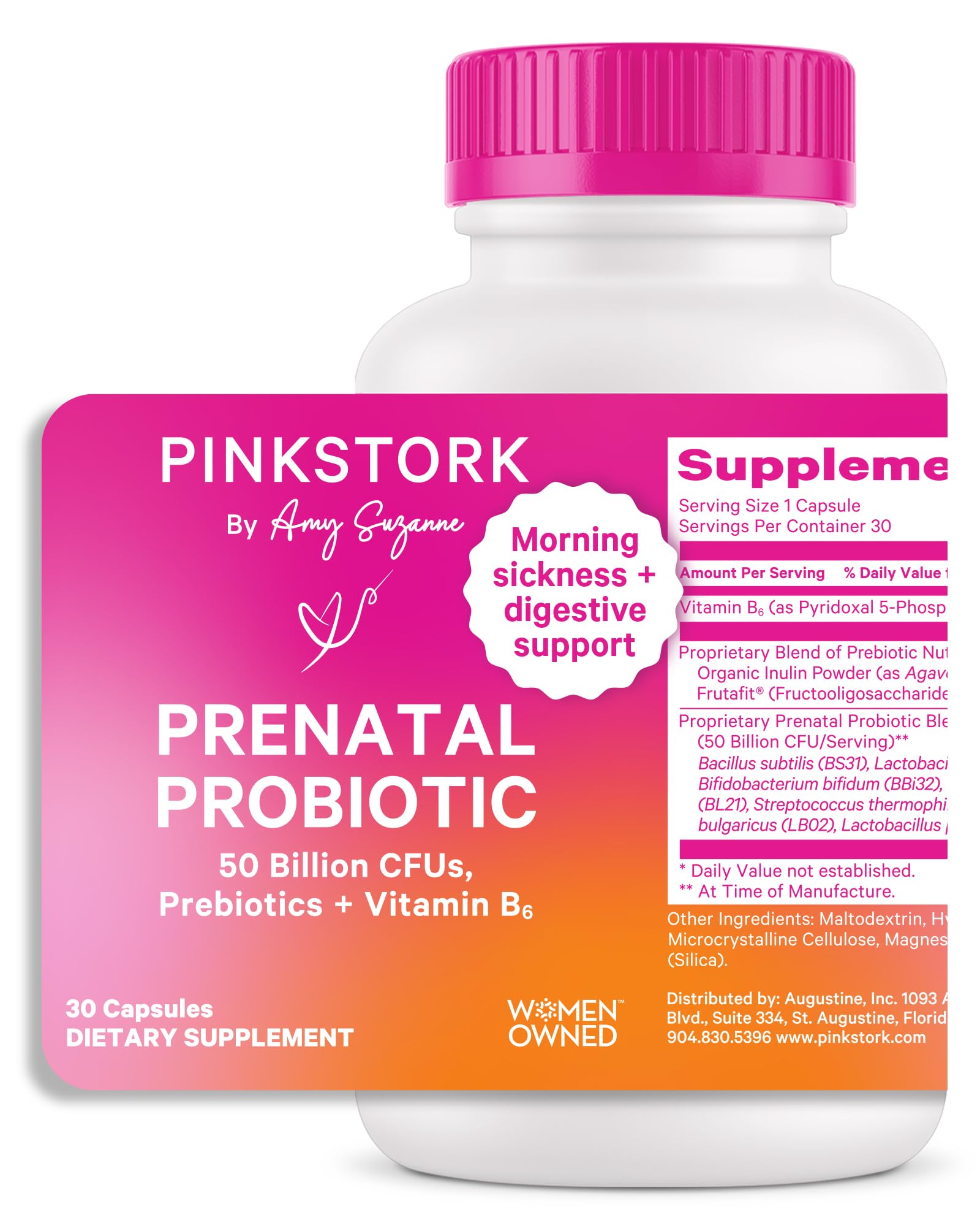 Pink Stork Prenatal Probiotics for Women with Vitamin B6 and Prebiotics - Morning Sickness, Gut Microbiome, and Immune Support - Pregnancy Probiotic - Pregnancy Must Haves, 30 Capsules