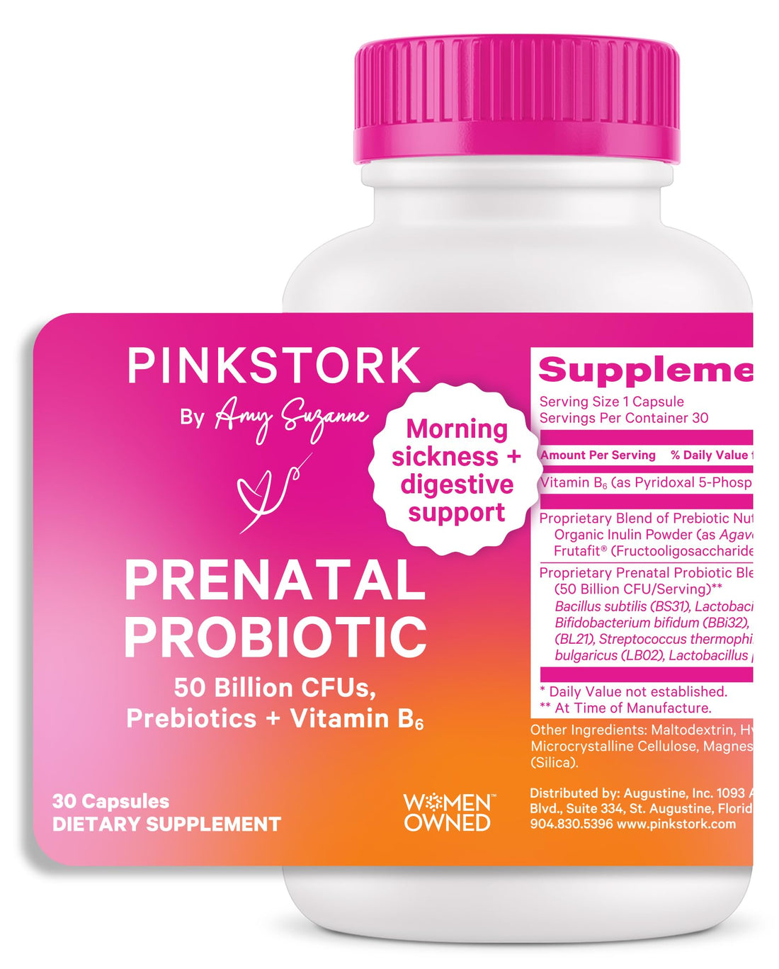 Pink Stork Prenatal Probiotics for Women with Vitamin B6 and Prebiotics - Morning Sickness, Gut Microbiome, and Immune Support - Pregnancy Probiotic - Pregnancy Must Haves, 30 Capsules