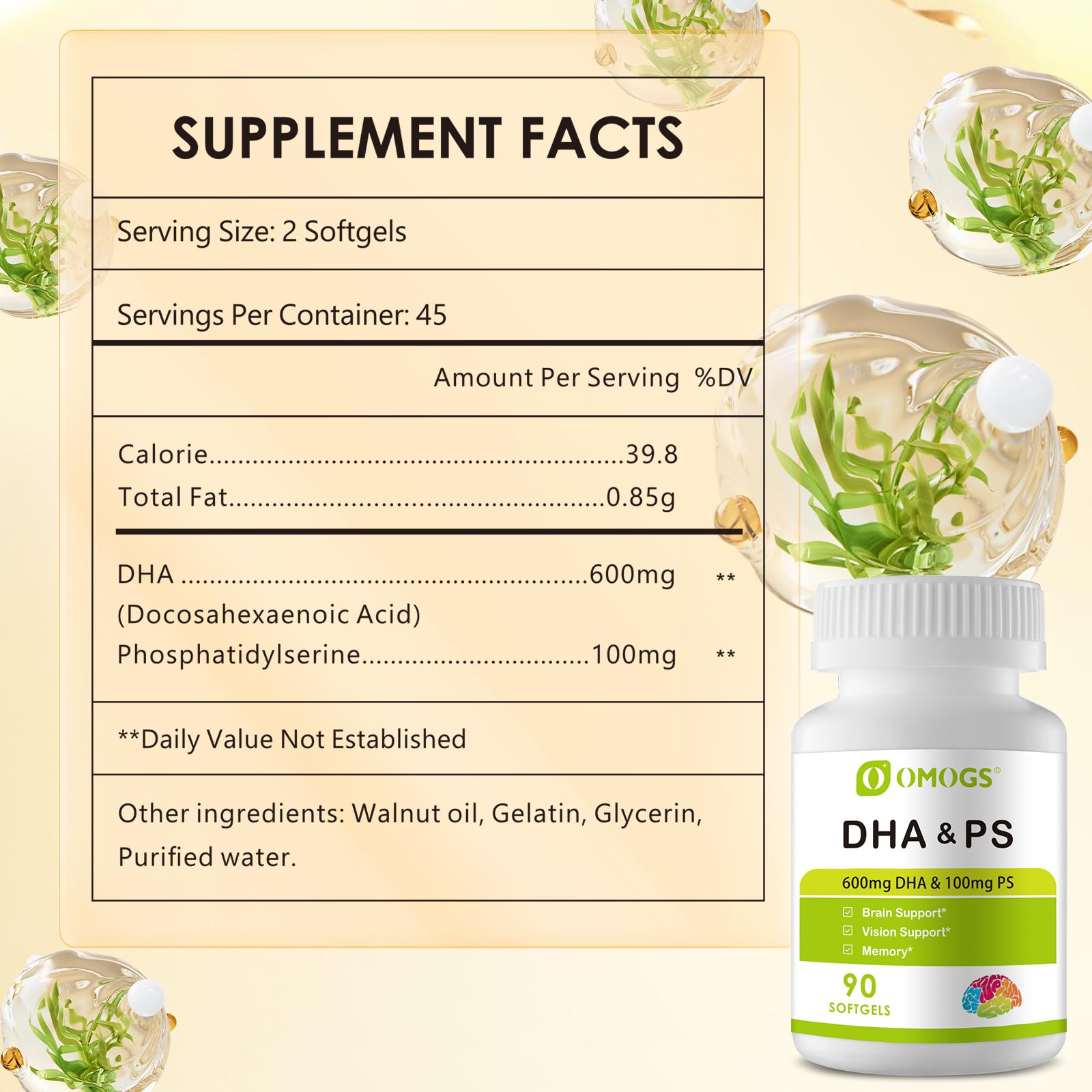 OMOGS Algae DHA - 600 mg Omega-3 DHA Softgels, with Phosphatidylserine & Walnut Oil, Supports Healthy Brain Function, Vision, Eye & Memory, Gluten Free, Non-GMO Vegan Algae Oil, 90 Softgels