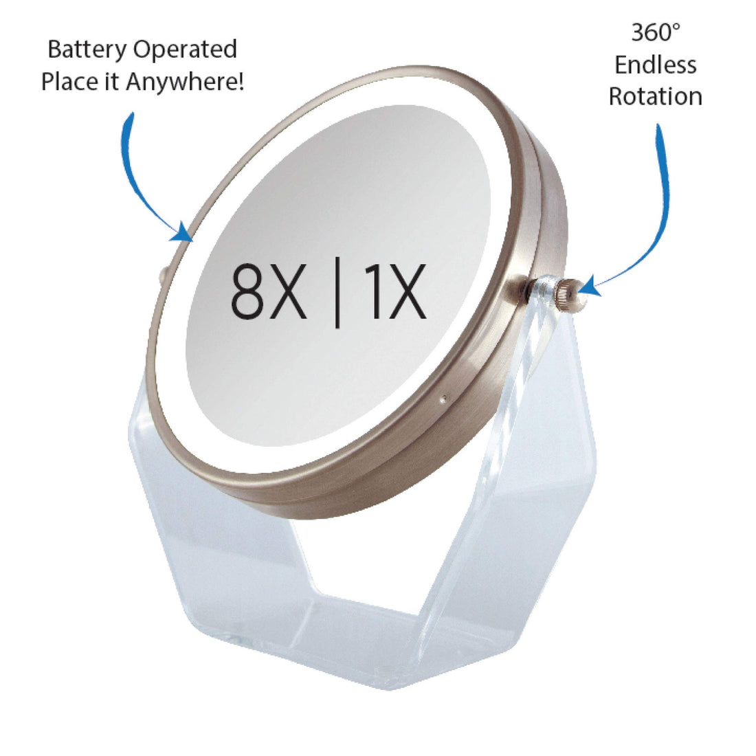 Zadro Products Next generation two-sided led lighted vanity swivel mirror in acrylic base with 1x and 8x magnification, Rose Gold