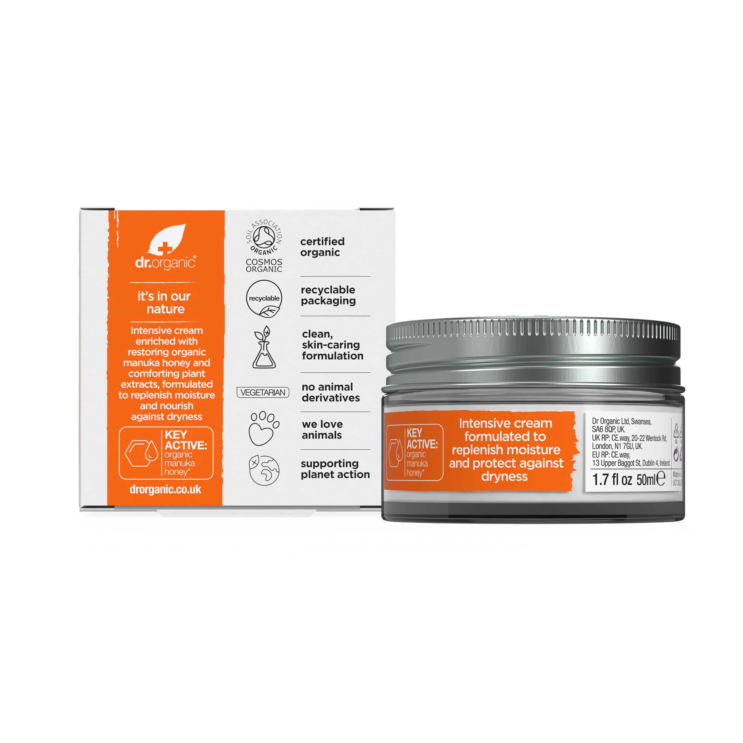 Dr. Organic Manuka Honey Rescue Cream | Nourishing and Soothing Face Cream for Dry Skin, Intensive Hypoallergenic Emollient, Certified Organic, Paraben & SLS-Free, Natural, 50 ml / 1.7 fl oz