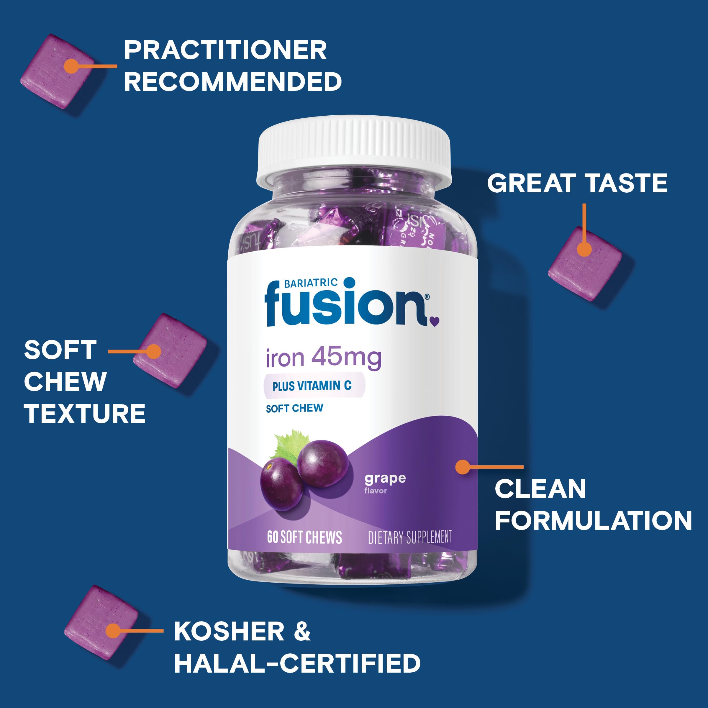 Bariatric Fusion Iron Supplement for Women with Vitamin C | Grape Flavored Soft Chew | Bariatric Iron Chewable Vitamin | Gentle on Stomach Ferrous Fumarate | 60 Count | 2 Month Supply
