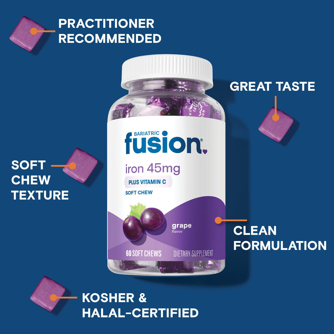 Bariatric Fusion Iron Supplement for Women with Vitamin C | Grape Flavored Soft Chew | Bariatric Iron Chewable Vitamin | Gentle on Stomach Ferrous Fumarate | 60 Count | 2 Month Supply