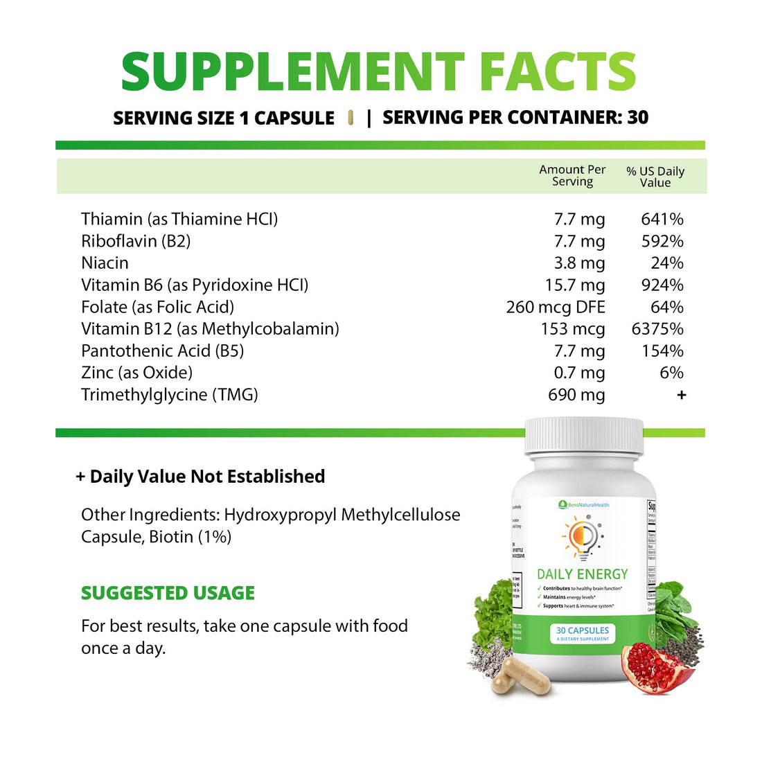 Vitamin B Complex Energy Supplements - Daily TMG Supplements with B Complex Multivitamin for Energy - Memory Booster and Mood Support Herbal Vitamins - B Complex Vitamins for Women (1 Month Supply)