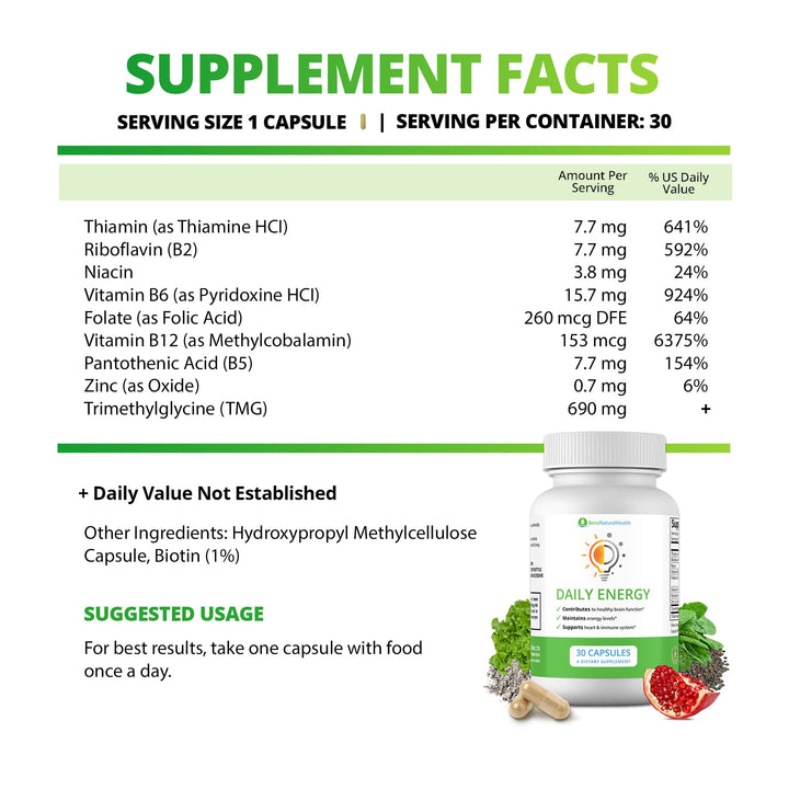 Vitamin B Complex Energy Supplements - Daily TMG Supplements with B Complex Multivitamin for Energy - Memory Booster and Mood Support Herbal Vitamins - B Complex Vitamins for Women (1 Month Supply)