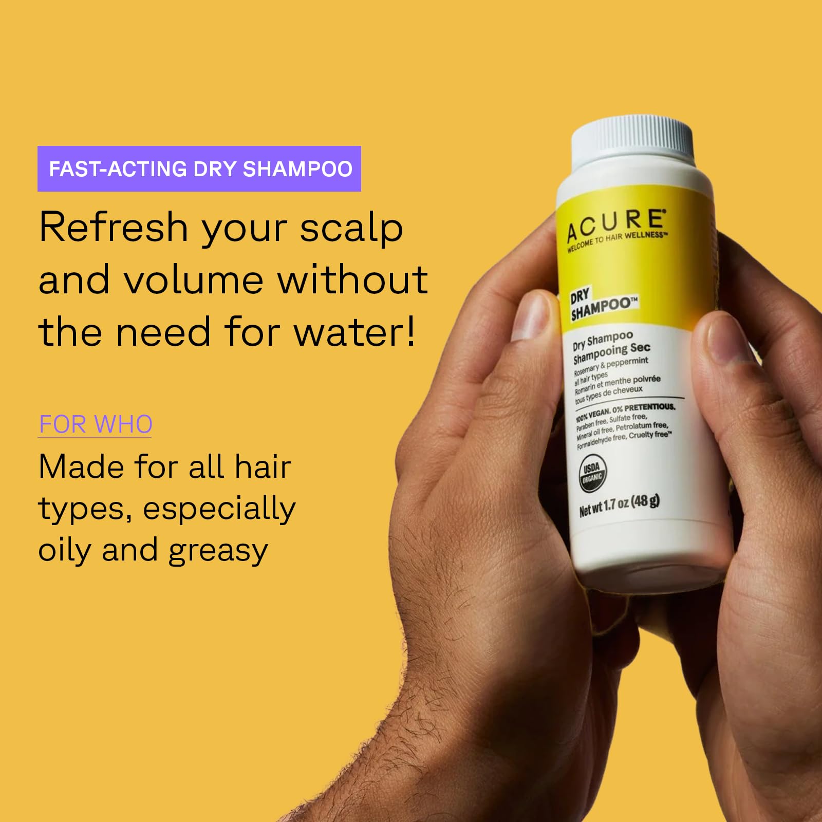 Acure Dry Shampoo - All Hair Types | 100% Vegan | Certified Organic | Rosemary & Peppermint - Absorbs Oil & Removes Impurities Without Water | 1.7 Oz