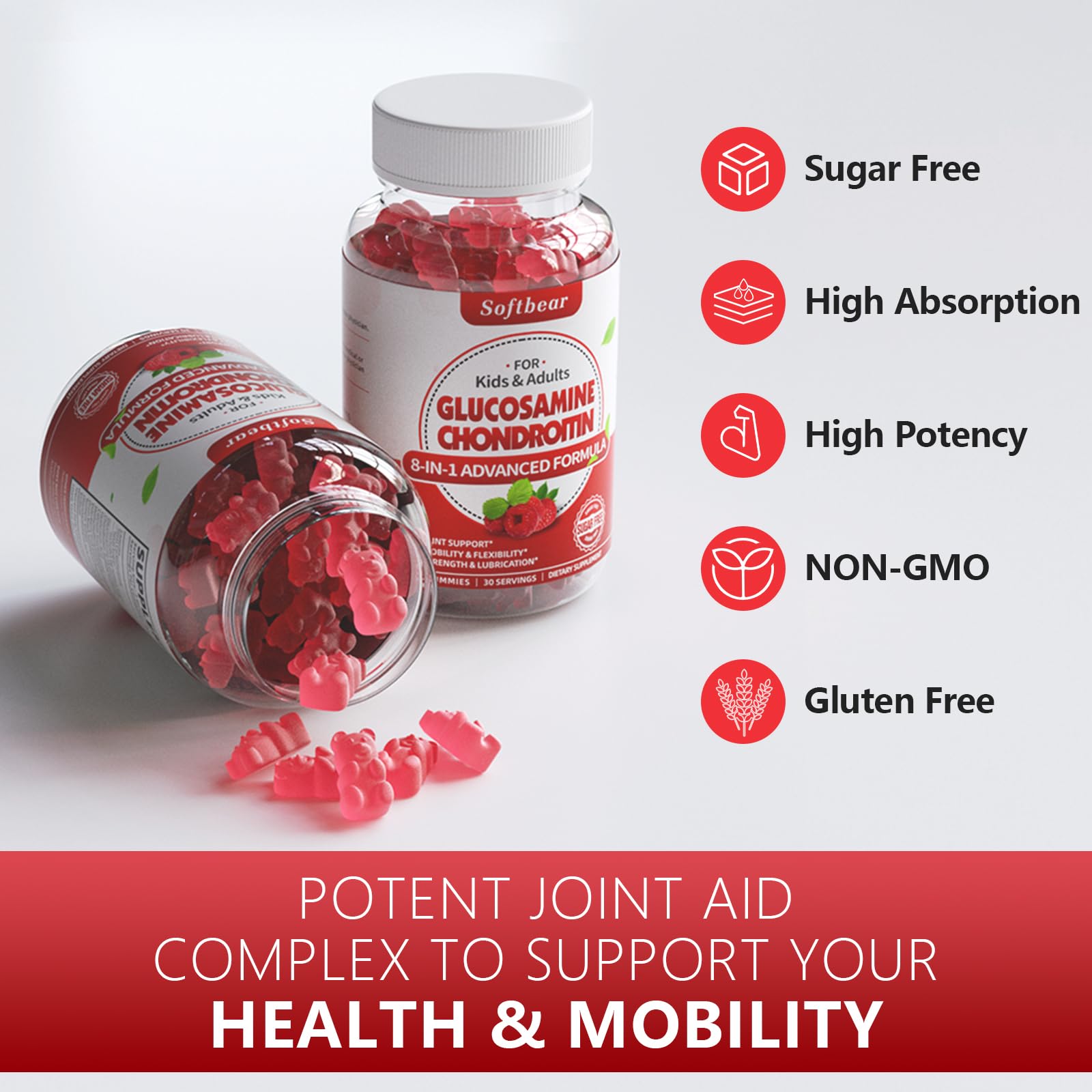softbear Glucosamine Chondroitin Gummies Sugar Free, Extra Strength Glucosamine Chondroitin Supplement for Natural Joint Support, Raspberry Flavored 60 Count