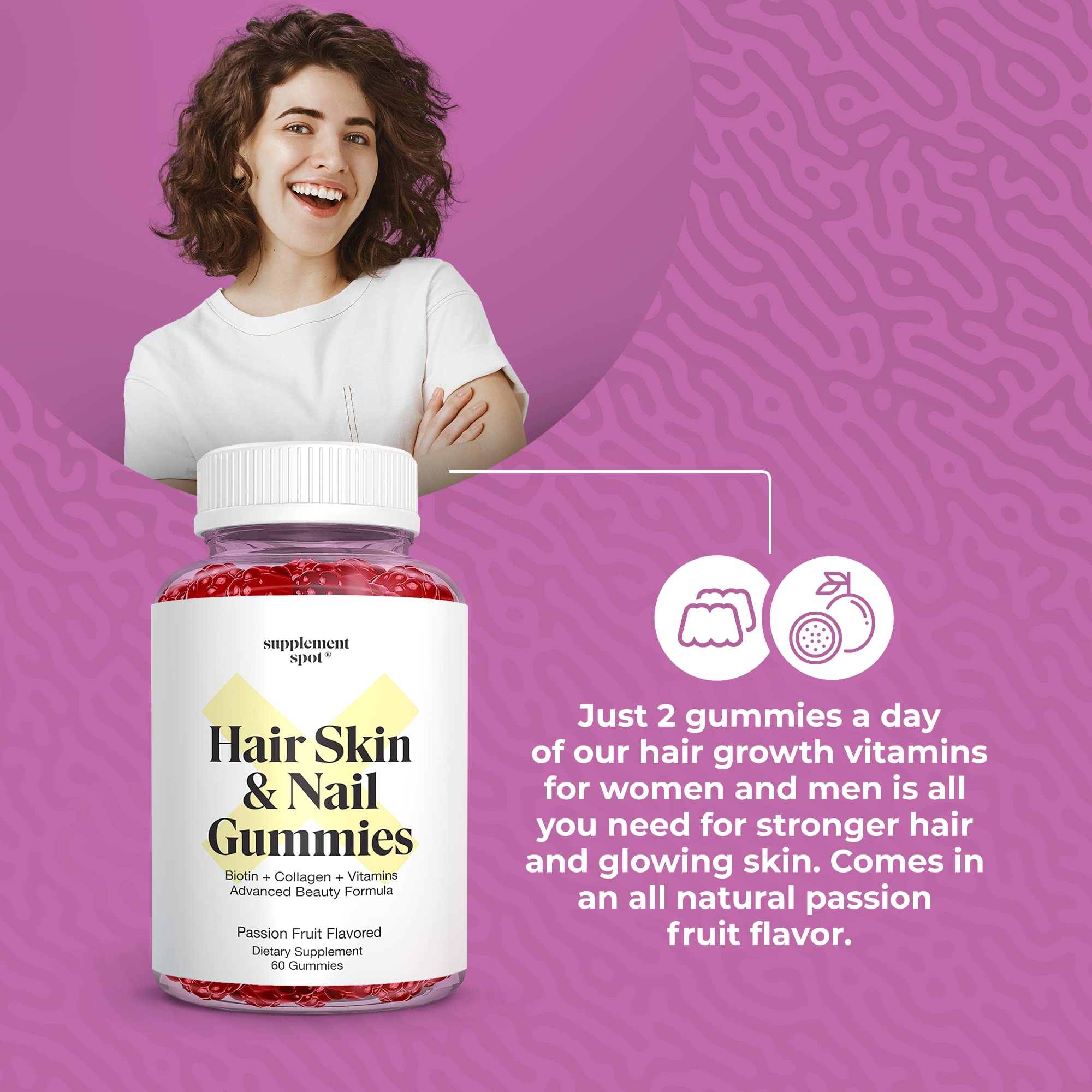 Supplement Spot Hair Skin and Nails Vitamins, 6000 mcg Biotin Gummies w/Collagen, Passion Fruit Flavored Hair Vitamins, Gluten Free Collagen Supplements (60 Count)
