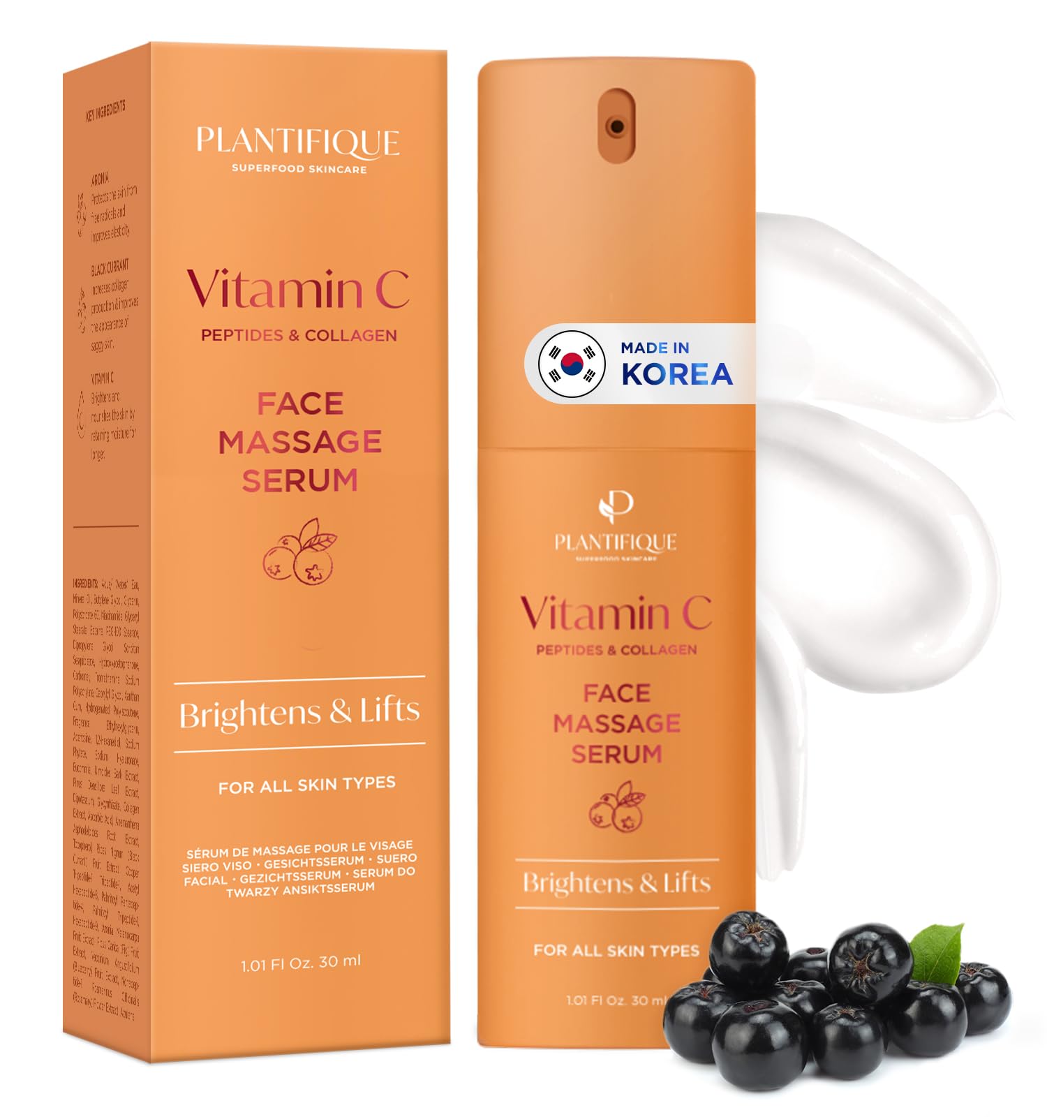 PLANTIFIQUE Korean Vitamin C Face Massage Serum – Hydrating Anti-Aging Collagen & Peptides Formula – Perfect for Gua Sha Facial Massage & Even Skin Tone Glow