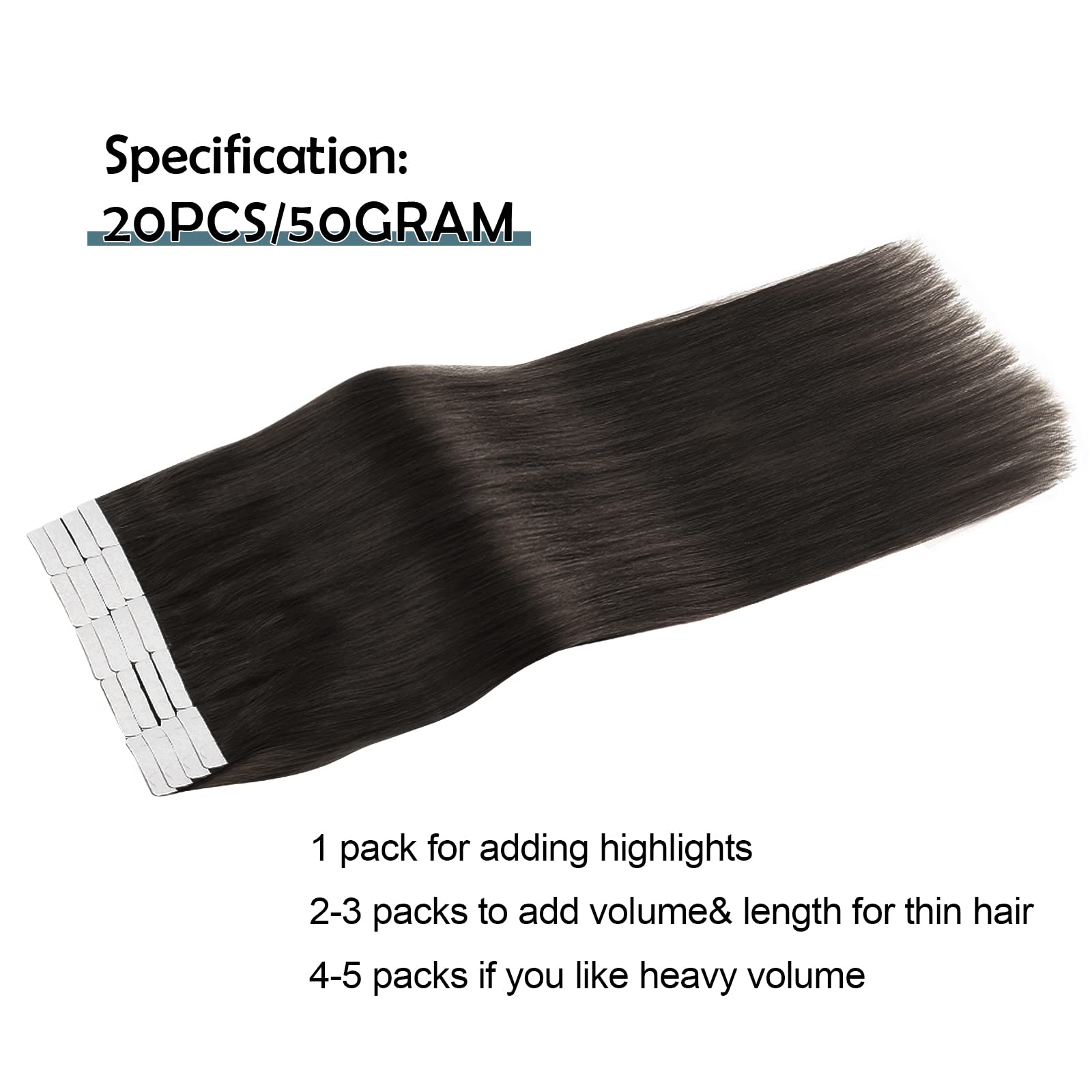 Sassina PU Tape In Hair Extensions Double Sided Skin Wefts Remy Human Hair Extensions Seamless Glue In Tape 20Pcs 50g/set (1B# 14) : 14 inch, Off Black