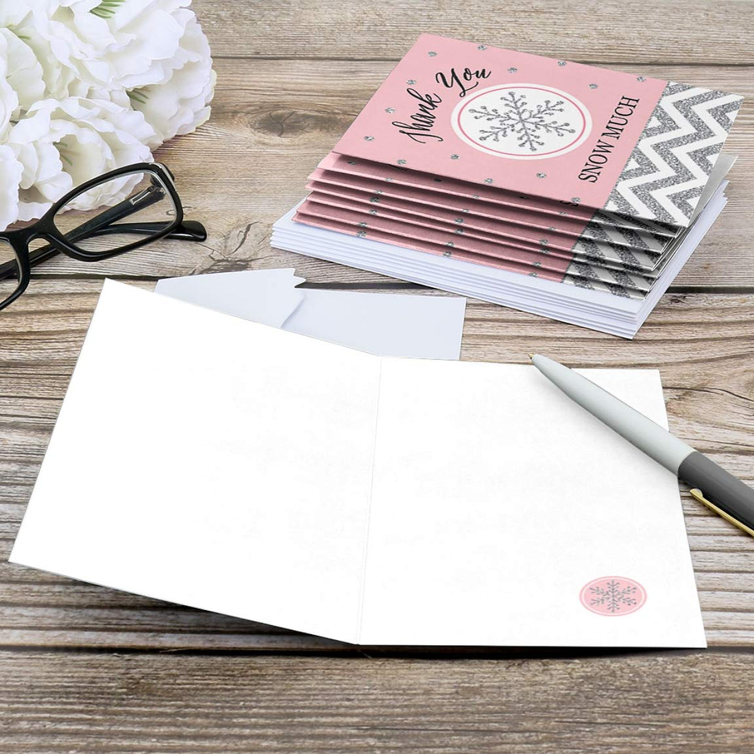 Pink Winter Wonderland - Holiday Snowflake Birthday Party or Baby Shower Thank You Cards (8 Count)
