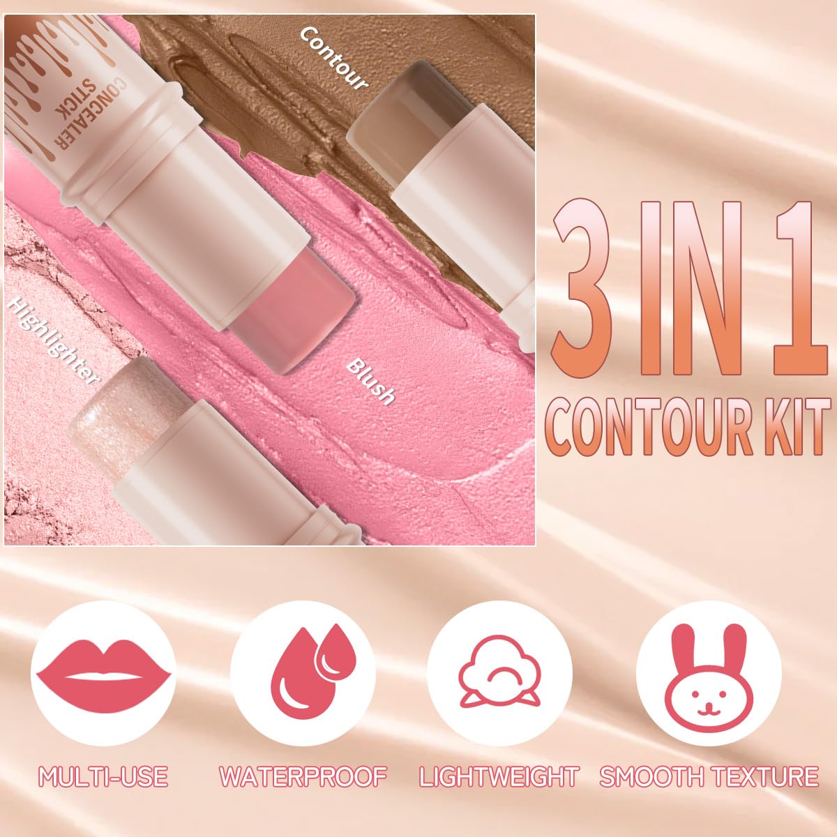 3Pcs Cream Contour Sticks Kit, Highlighter Stick Blush Stick Cream Contour Kit Makeup Set with Brush,Face Brightens & Shades Contour Stick Waterproof for Women Girls(9507-02-08-10, A)