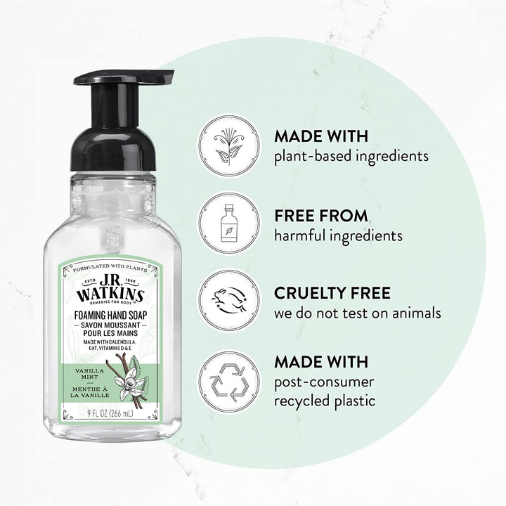 J.R. Watkins Foaming Hand Soap For Bathroom or Kitchen, Scented, Cruelty Free, 9 Fl Oz, Vanilla Mint, 3 Pack