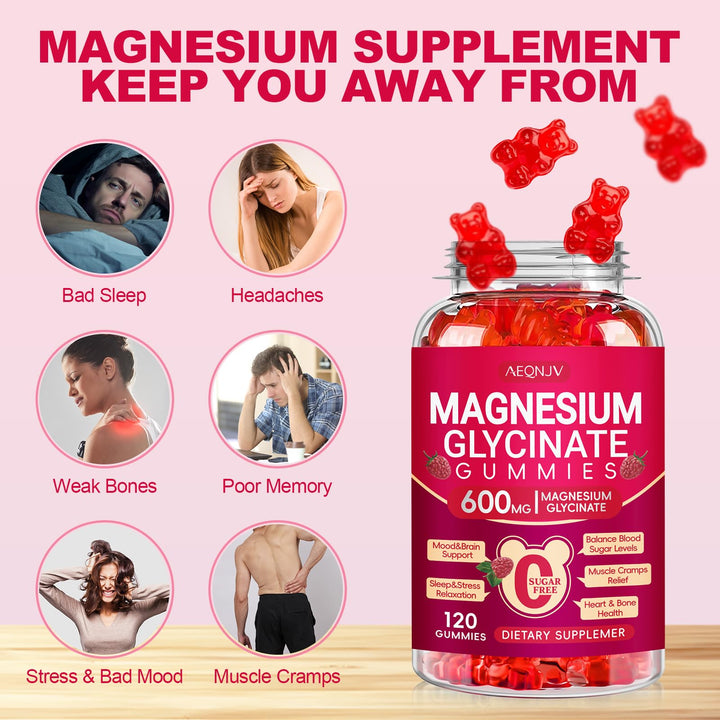 Magnesium Glycinate Gummies 600mg, Sugar Free Magnesium Gummies for Adults with Magnesium L-Threonate, Chewable Magnesium Potassium Supplements for Sleep, Body Support and Relaxation, 120 Gummies