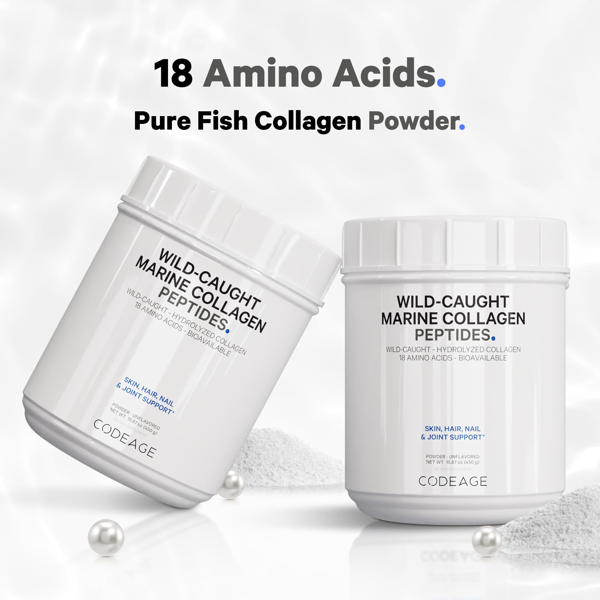 Codeage Marine Collagen Powder - Wild-Caught Hydrolyzed Fish Collagen Peptides - Type 1 & 3 Collagen Protein Supplement - Amino Acids for Skin, Hair, Nails - Paleo Friendly, Non-GMO, 15.87 Ounces