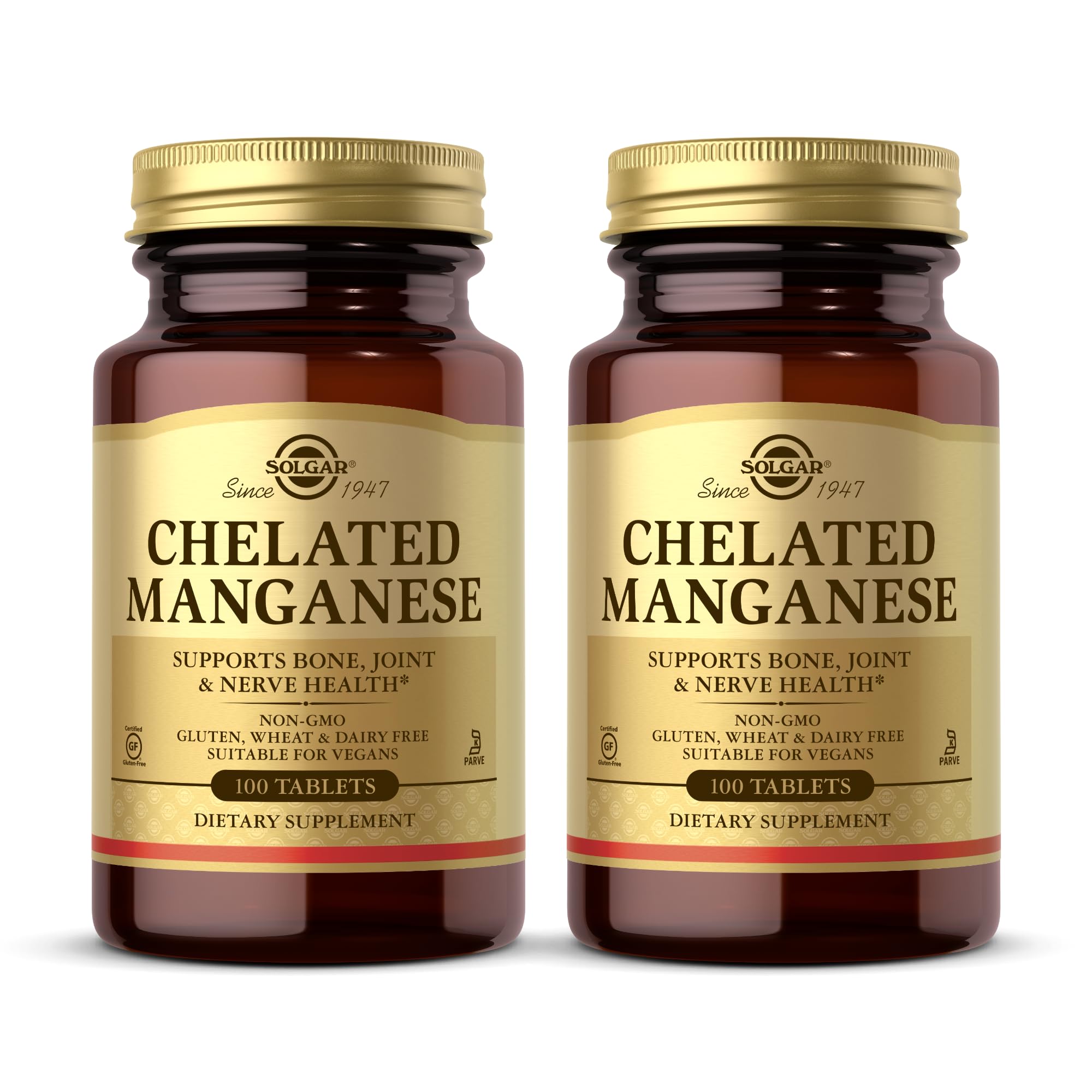 Solgar Chelated Manganese - 100 Tablets, Pack of 2 - Supports Bone, Joint & Nerve Health - Non-GMO, Vegan, Gluten Free, Dairy Free, Kosher - 200 Total Servings