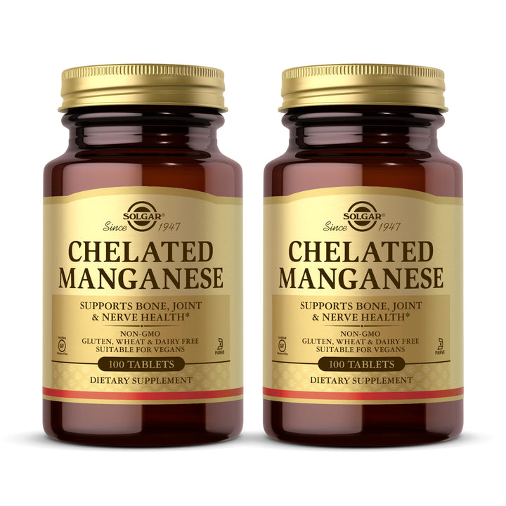 Solgar Chelated Manganese - 100 Tablets, Pack of 2 - Supports Bone, Joint & Nerve Health - Non-GMO, Vegan, Gluten Free, Dairy Free, Kosher - 200 Total Servings