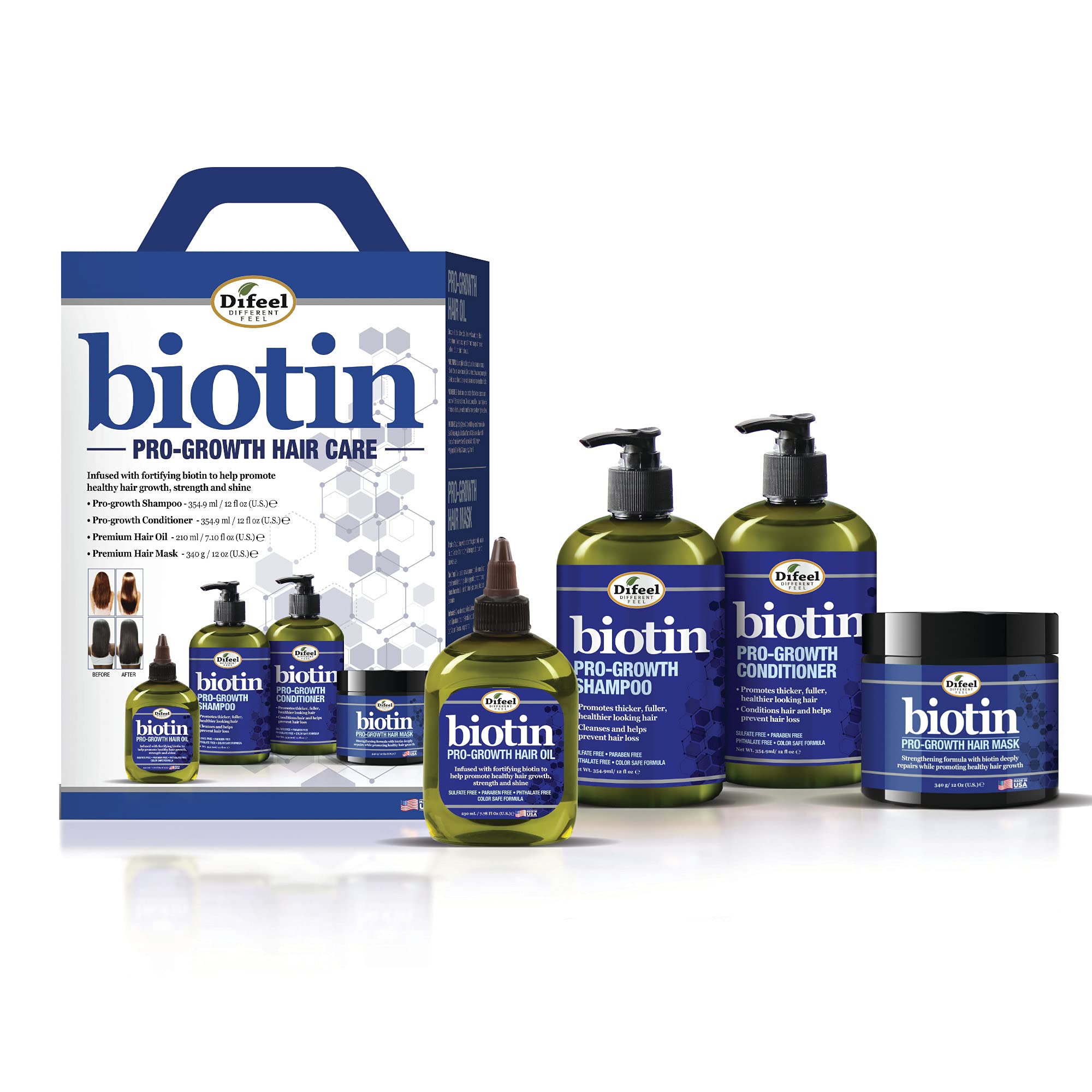 Difeel Biotin Pro-Growth 4-PC Hair Care Gift Set - Shampoo (12oz), Conditioner (12oz), Hair Oil (7oz), and Hair Mask (12oz)