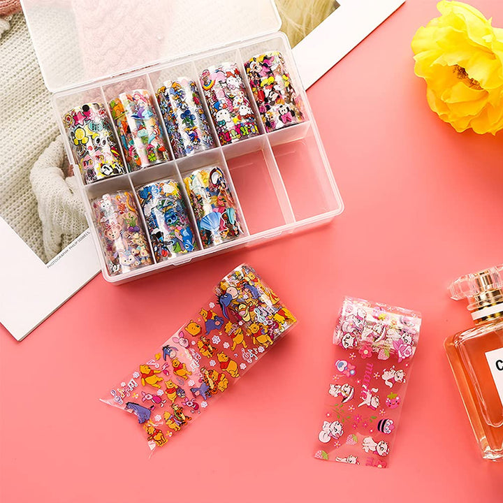 10 Rolls Cute Cartoon Nail Foil Transfer Stickers Nail Art Supplies Designer Nail Stickers Holographic Nail Art Foil Decals Cartoon Nail Designs for Women Kids Girls Acrylic Nails Decoration