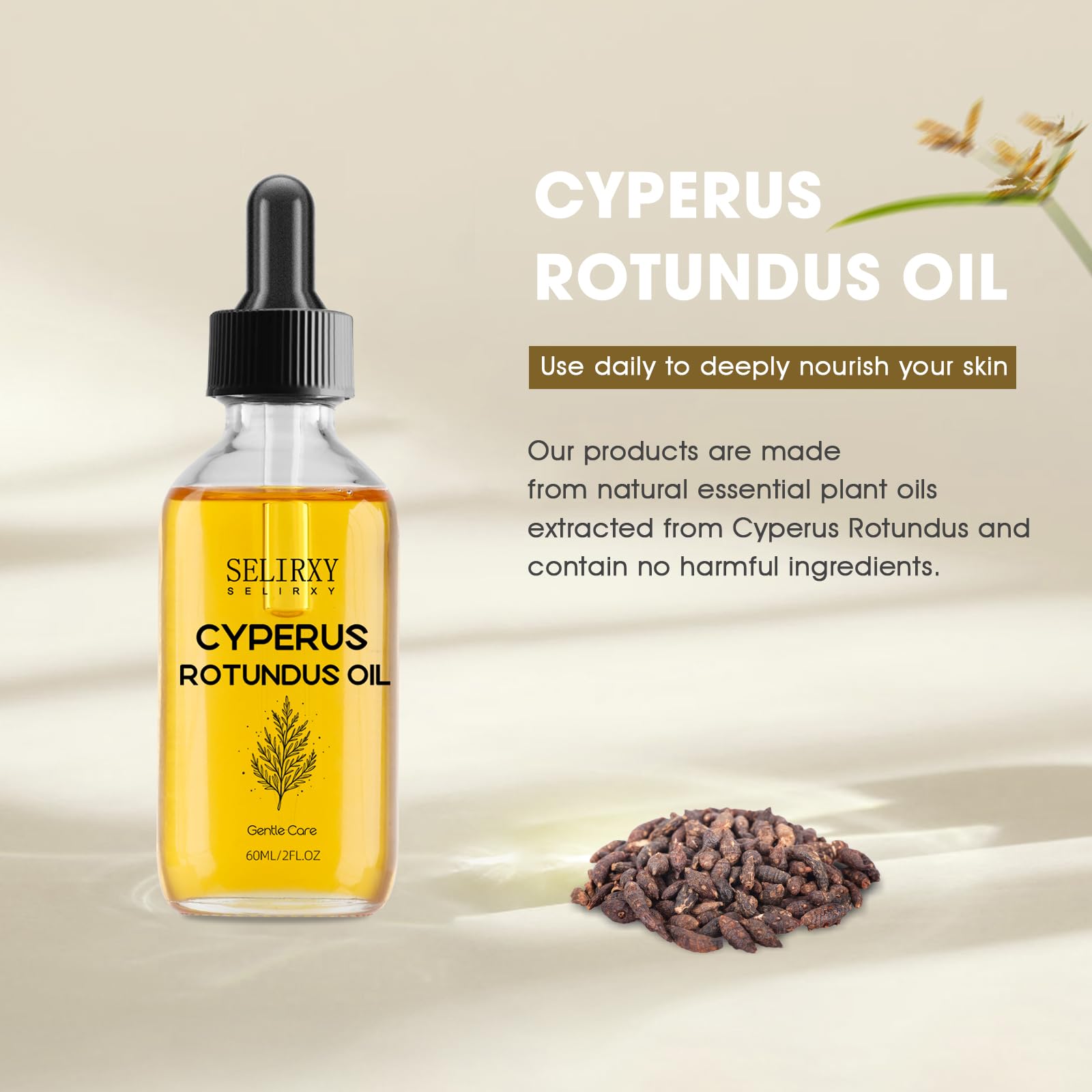 Selirxy Cyperus Rotundus Oil for Sensitive Skin, Shave Oil for Men and Women, 100% Pure Natural Exclusive Formula for Reducing Body Hair Growth, Deep Moisturizing & Skin Soothing - 60ML